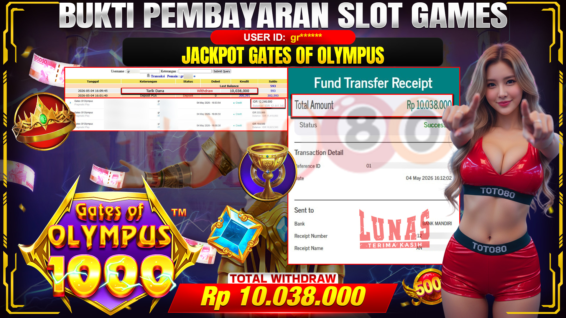 💰🎉 TOTO80 – JACKPOT SLOT GATES OF OLYMPUS RP. 10,038,000,- TELAH DIBAYARKAN!💰🎉