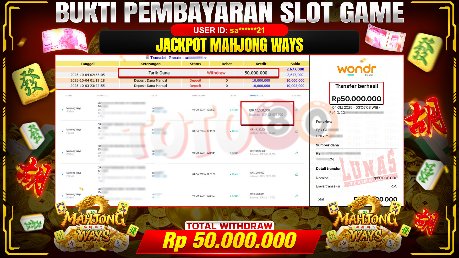 🎉 TOTO80 – JACKPOT SLOT MAHJONG WAYS RP.50,000,000,- TELAH DIBAYARKAN! 🎉