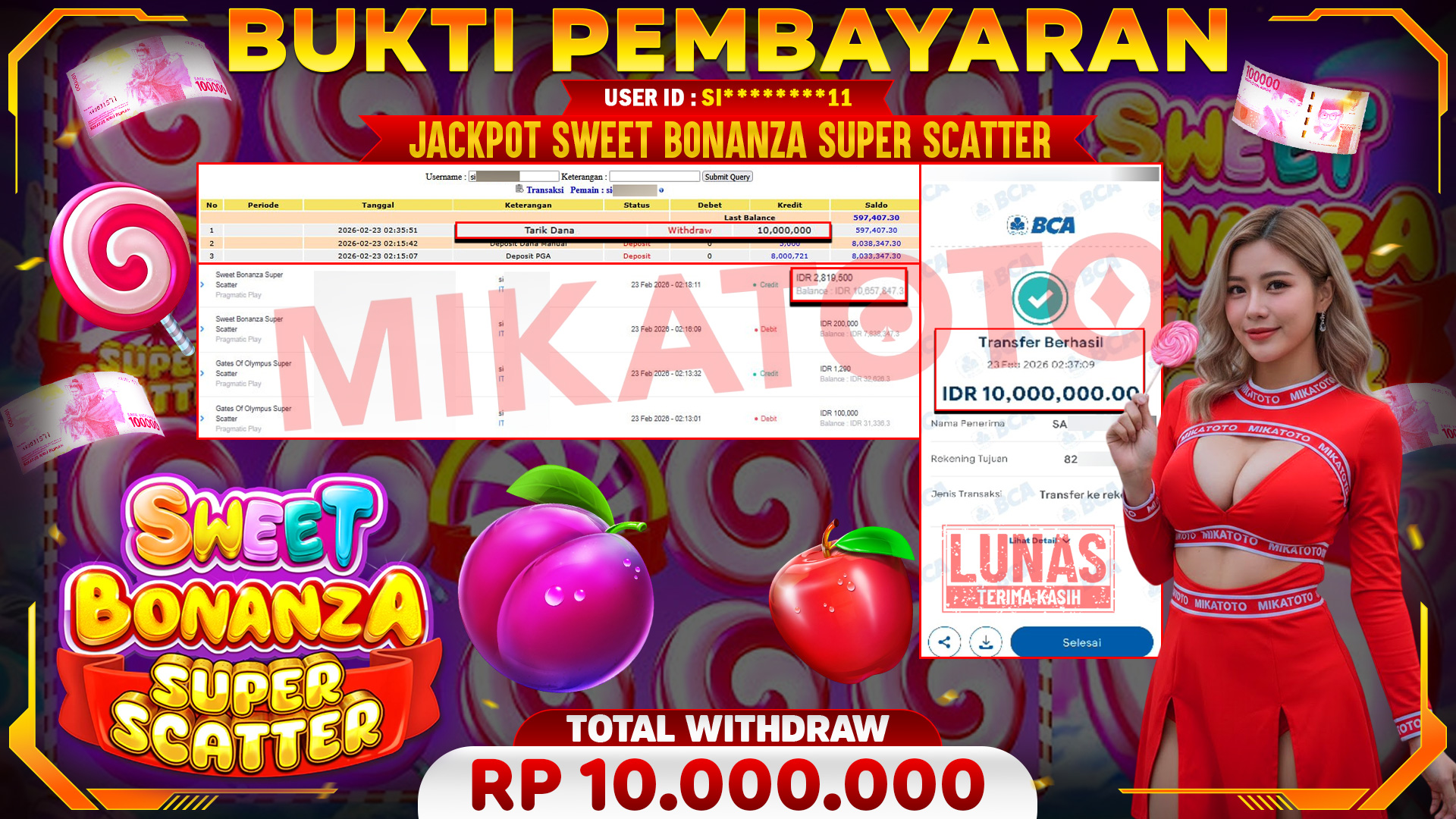 🏆 SELAMAT KEPADA PEMENANG JACKPOT DI Sweet Bonanza Super Scatter - Pragmatic Play 10,000.000🏆