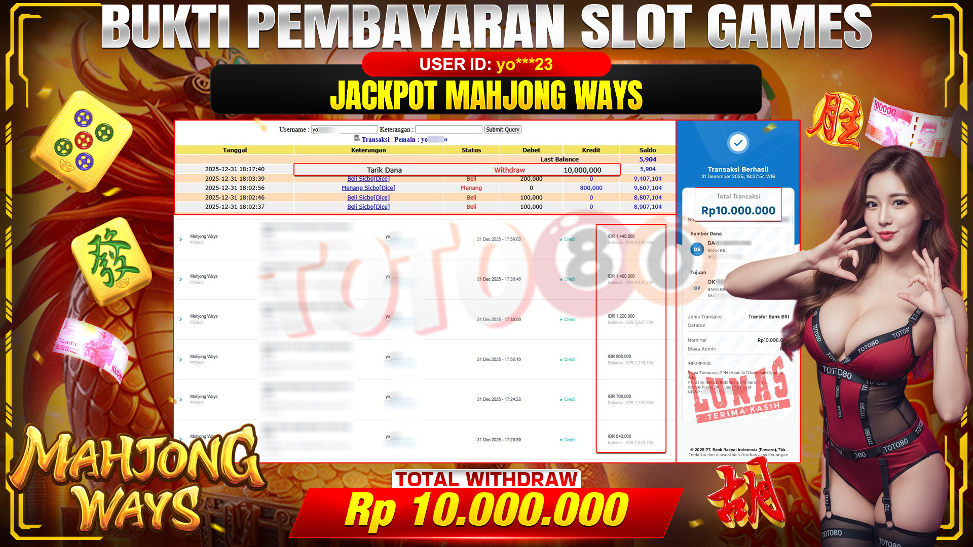 🎉 TOTO80 – JACKPOT SLOT MAHJONG WAYS RP.10,000,000,- TELAH DIBAYARKAN! 🎉