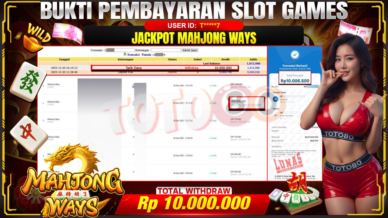 🎉 TOTO80 – JACKPOT SLOT MAHJONG WAYS RP.10,000,000,- TELAH DIBAYARKAN! 🎉