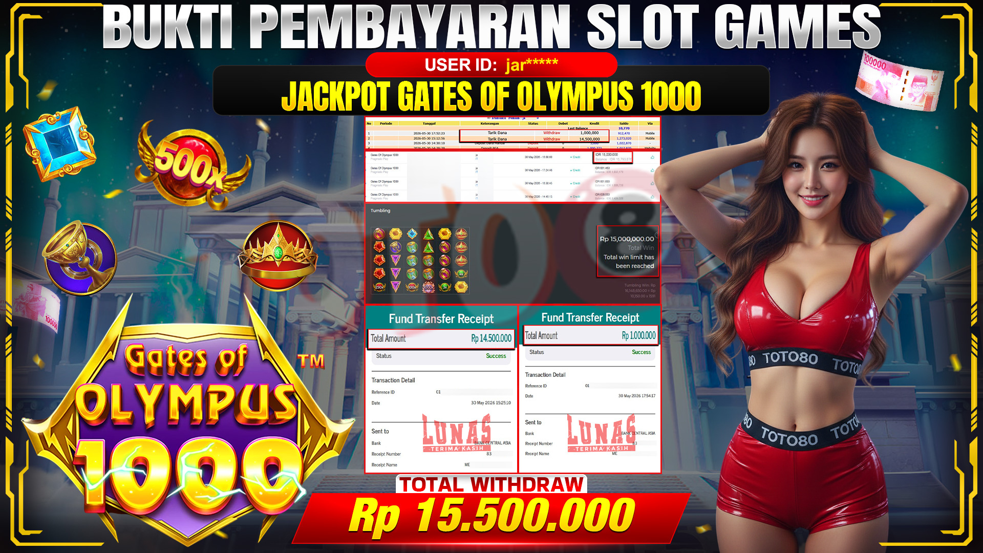 💰🎉 TOTO80 – JACKPOT SLOT GATES OF OLYMPUS 1000 RP. 15,500,000,-  TELAH DIBAYARKAN!💰🎉