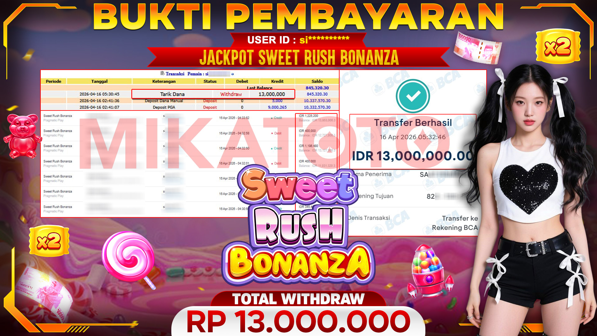 🏆 SELAMAT KEPADA PEMENANG JACKPOT DI Sweet Rush Bonanza - Pragmatic Play 13,000,000🏆