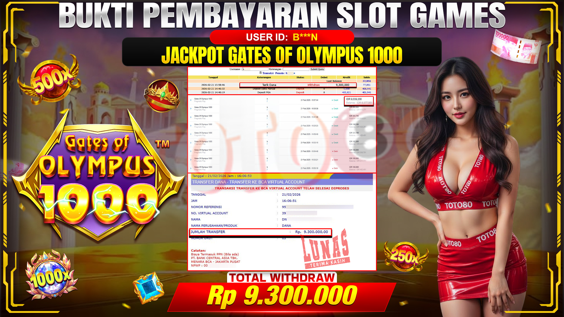 🎉 TOTO80 – JACKPOT SLOT GATES OF OLYMPUS 1000 . 9,300,000,- TELAH DIBAYARKAN! 🎉