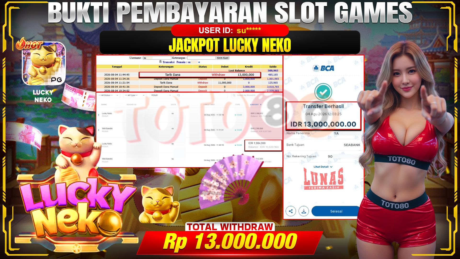 💰🎉  TOTO80 – JACKPOT SLOT LUCKY NEKO RP. 13,000,000,- TELAH DIBAYARKAN! 💰🎉 