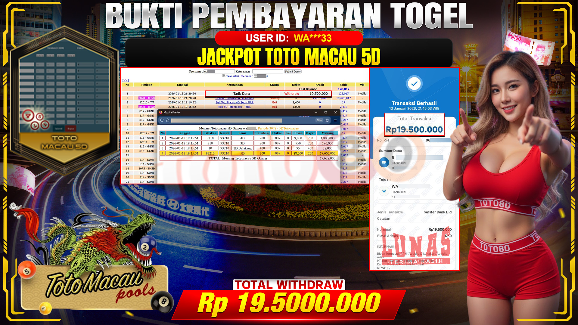 🎉 TOTO80 – JACKPOT TOGEL TOTO MACAU 5D RP. 19,500,000,- TELAH DIBAYARKAN! 🎉