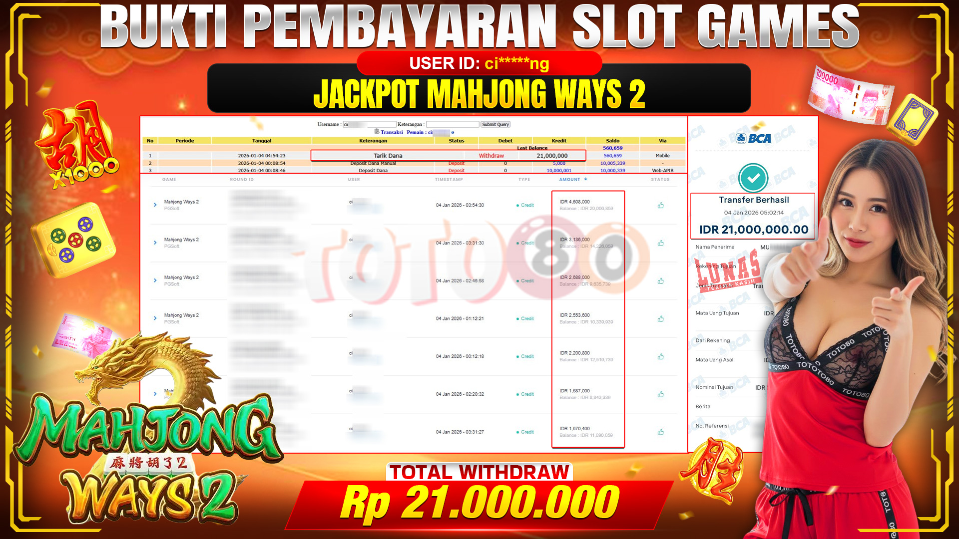 🎉 TOTO80 – JACKPOT SLOT MAHJONG WAYS 2 RP.21.000,000,- TELAH DIBAYARKAN! 🎉