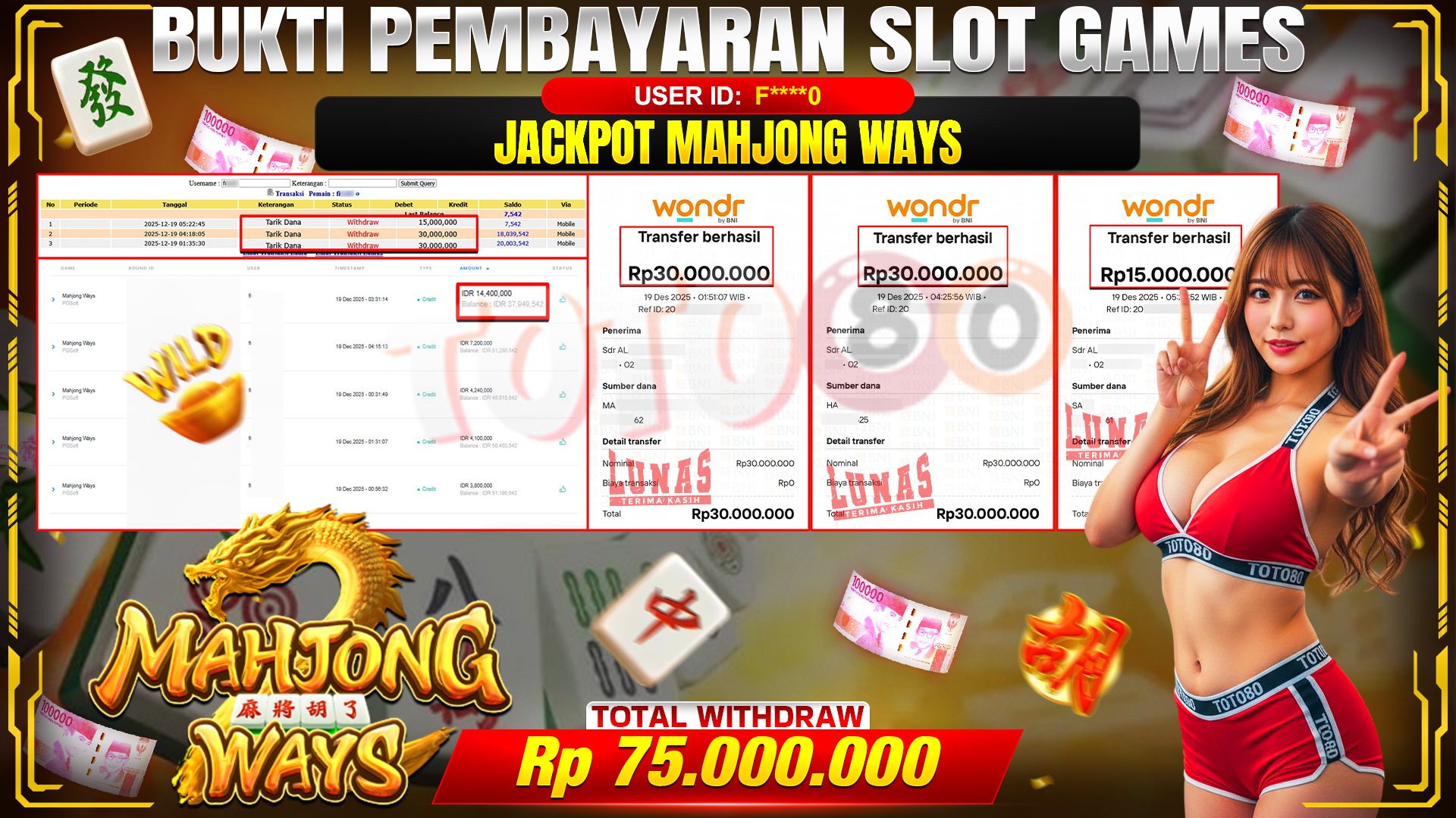 🎉 TOTO80 – JACKPOT SLOT MAHJONG WAYS  RP. 75,000,000,- TELAH DIBAYARKAN! 🎉