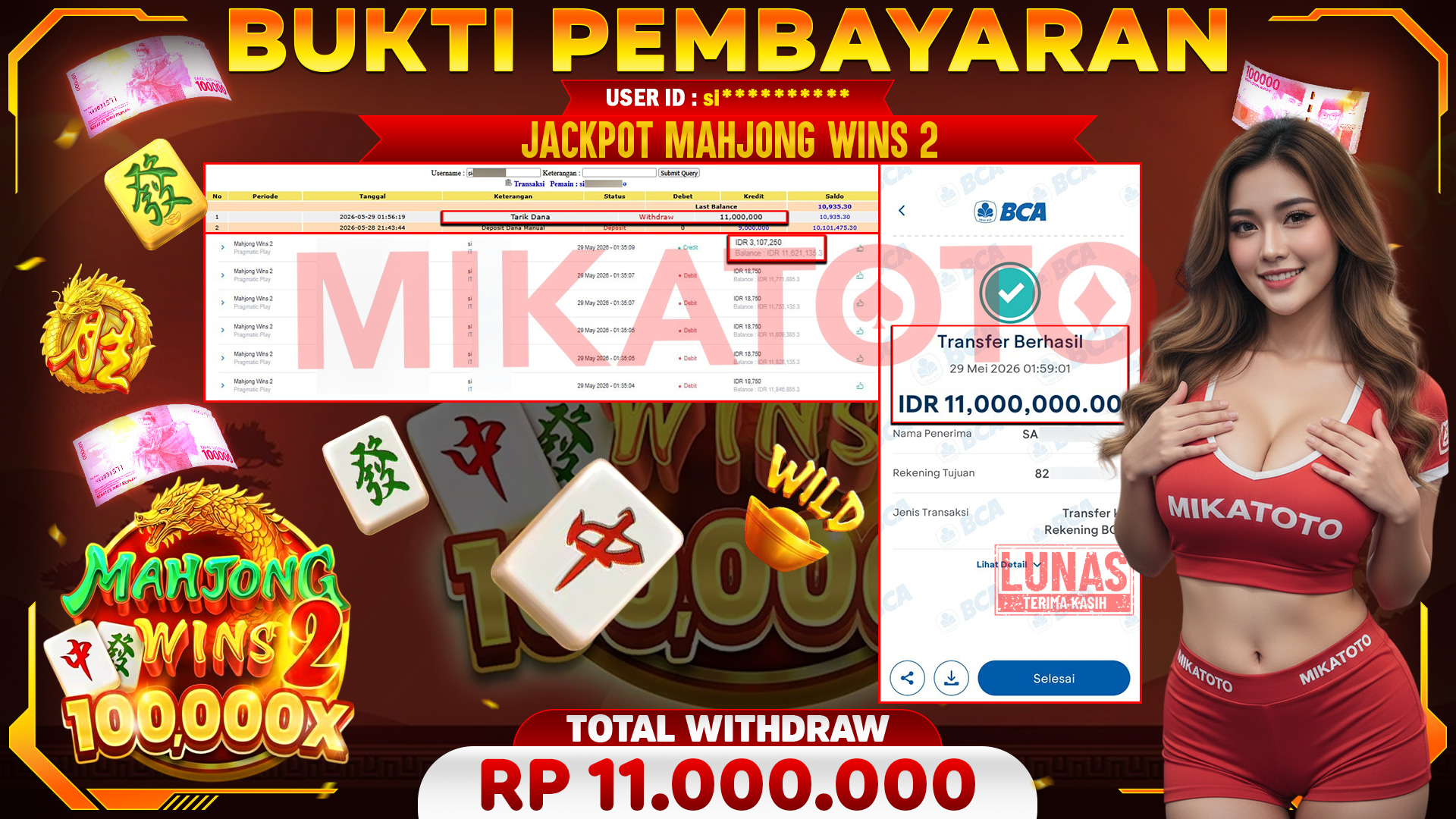 🏆 SELAMAT KEPADA PEMENANG JACKPOT DI Mahjong Wins 2 - Pragmatic Play 11,000,000🏆