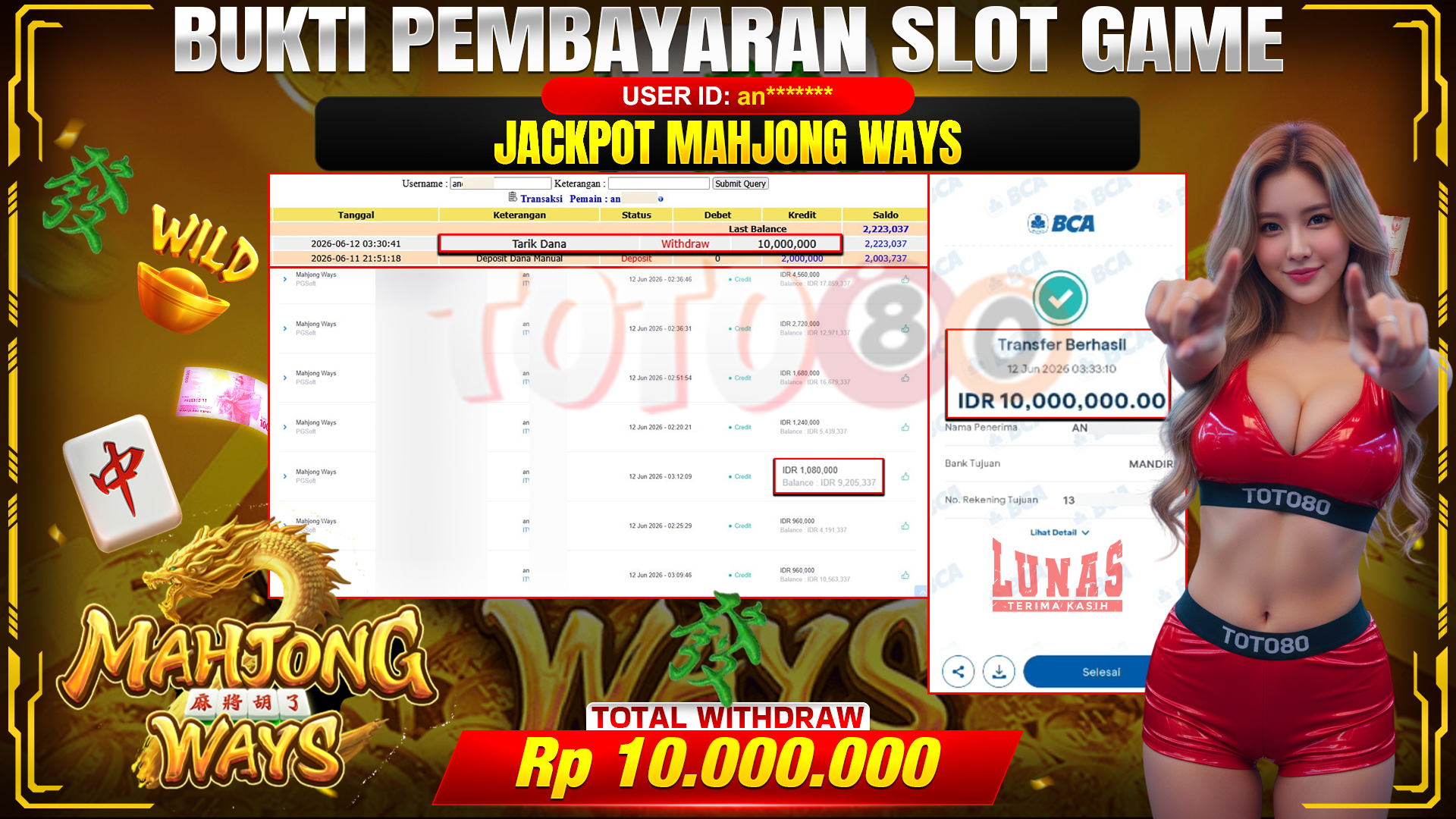 💰🎉 TOTO80 – JACKPOT SLOT MAHJONG  WAYS  RP. 10.000,000,-  TELAH DIBAYARKAN!💰🎉