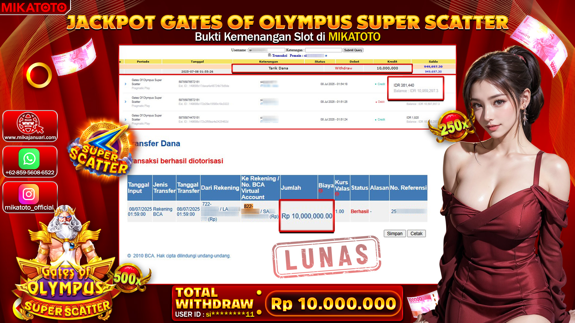 🏆 SELAMAT KEPADA PEMENANG JACKPOT DI Gates Of Olympus Super Scatter 10,000,000🏆