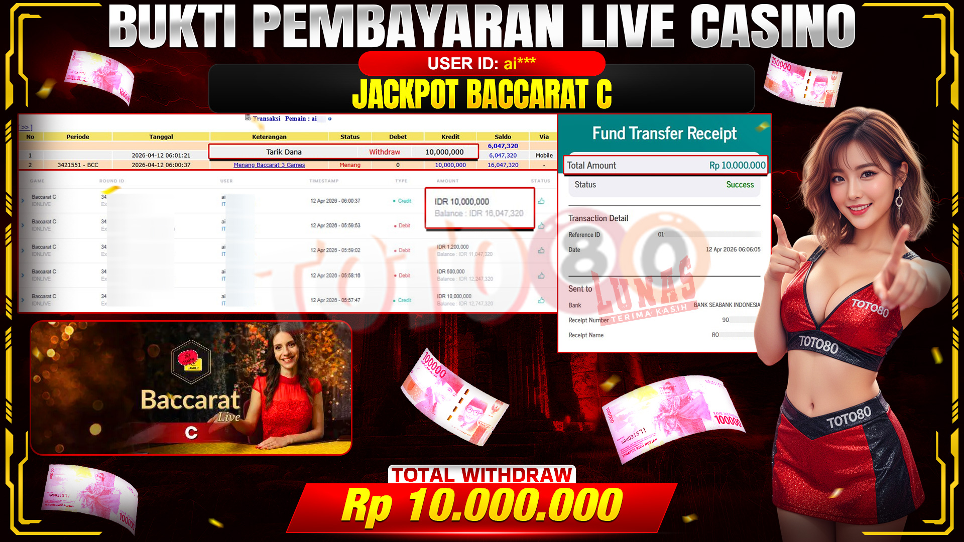 💰🎉 TOTO80 – JACKPOT BACCARAT C RP. 10,000,000,- TELAH DIBAYARKAN!💰🎉