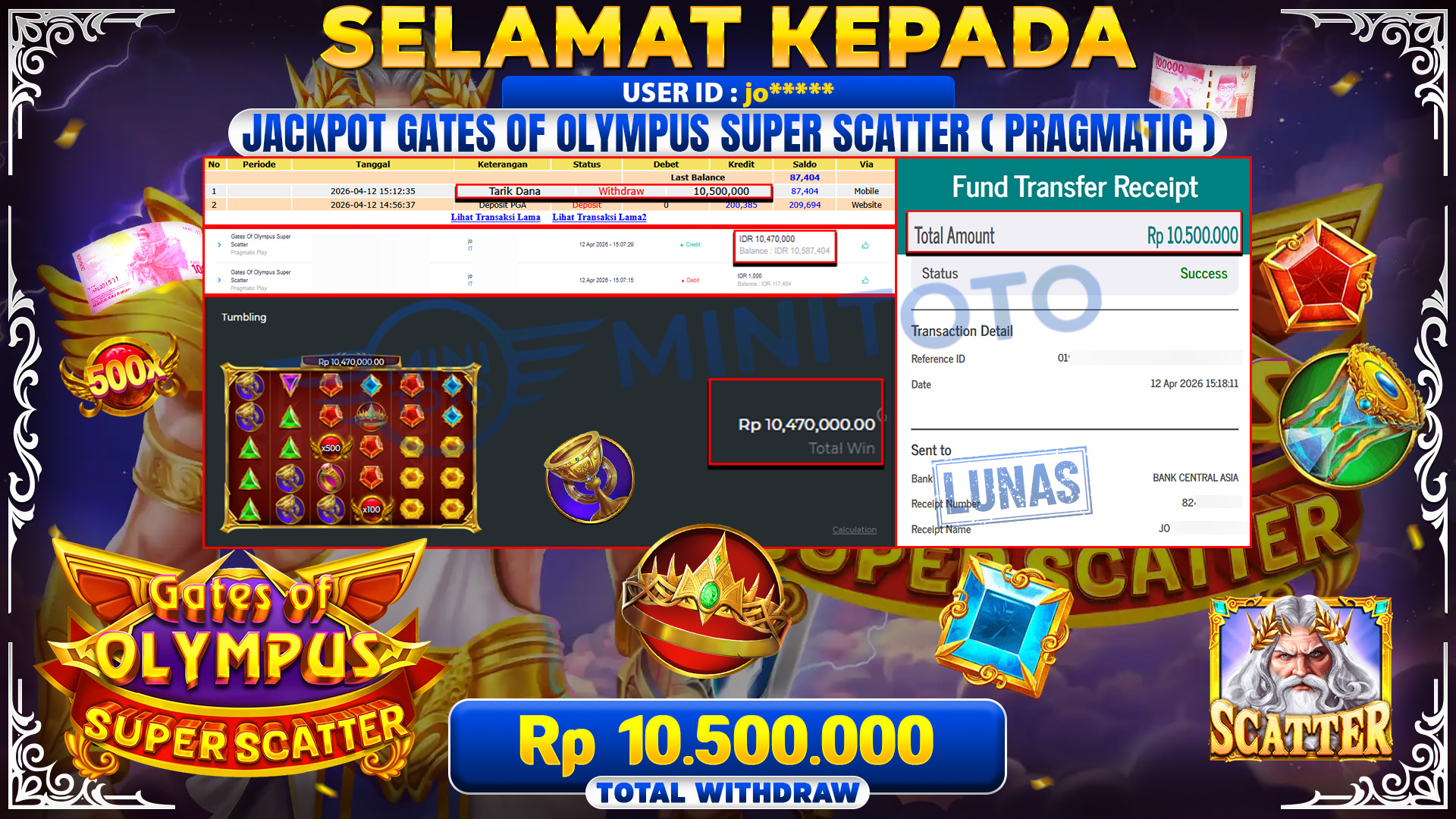 BUKTI JACPOT Gates Of Olympus Super Scatter - Pragmatic Play