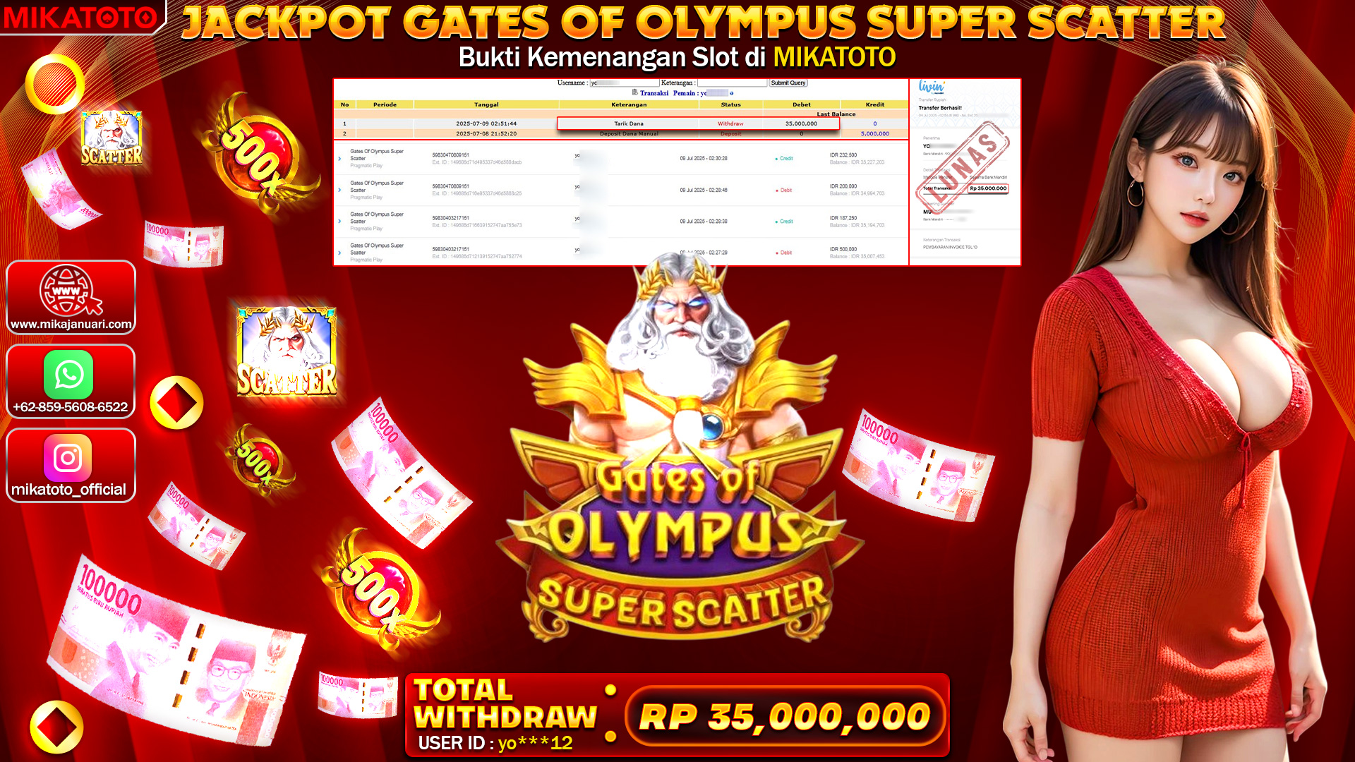 🏆 SELAMAT KEPADA PEMENANG JACKPOT DI Gates Of Olympus Super Scatter 35,000,000🏆
