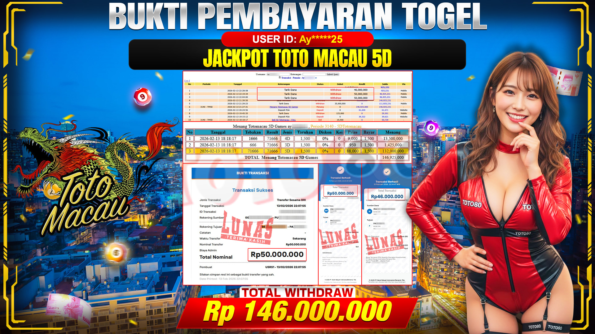 🎉 TOTO80 – JACKPOT TOTO MACAU 5D. 146,000,000,- TELAH DIBAYARKAN! 🎉