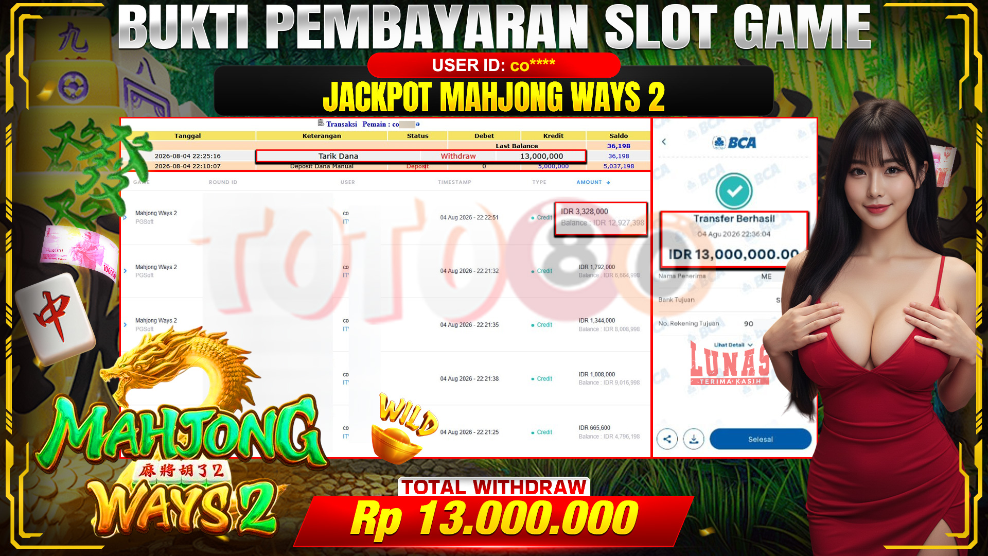 💰🎉 TOTO80 – JACKPOT SLOT MAHJONG  WAYS 2 RP. 13,000,000,-  TELAH DIBAYARKAN!💰🎉
