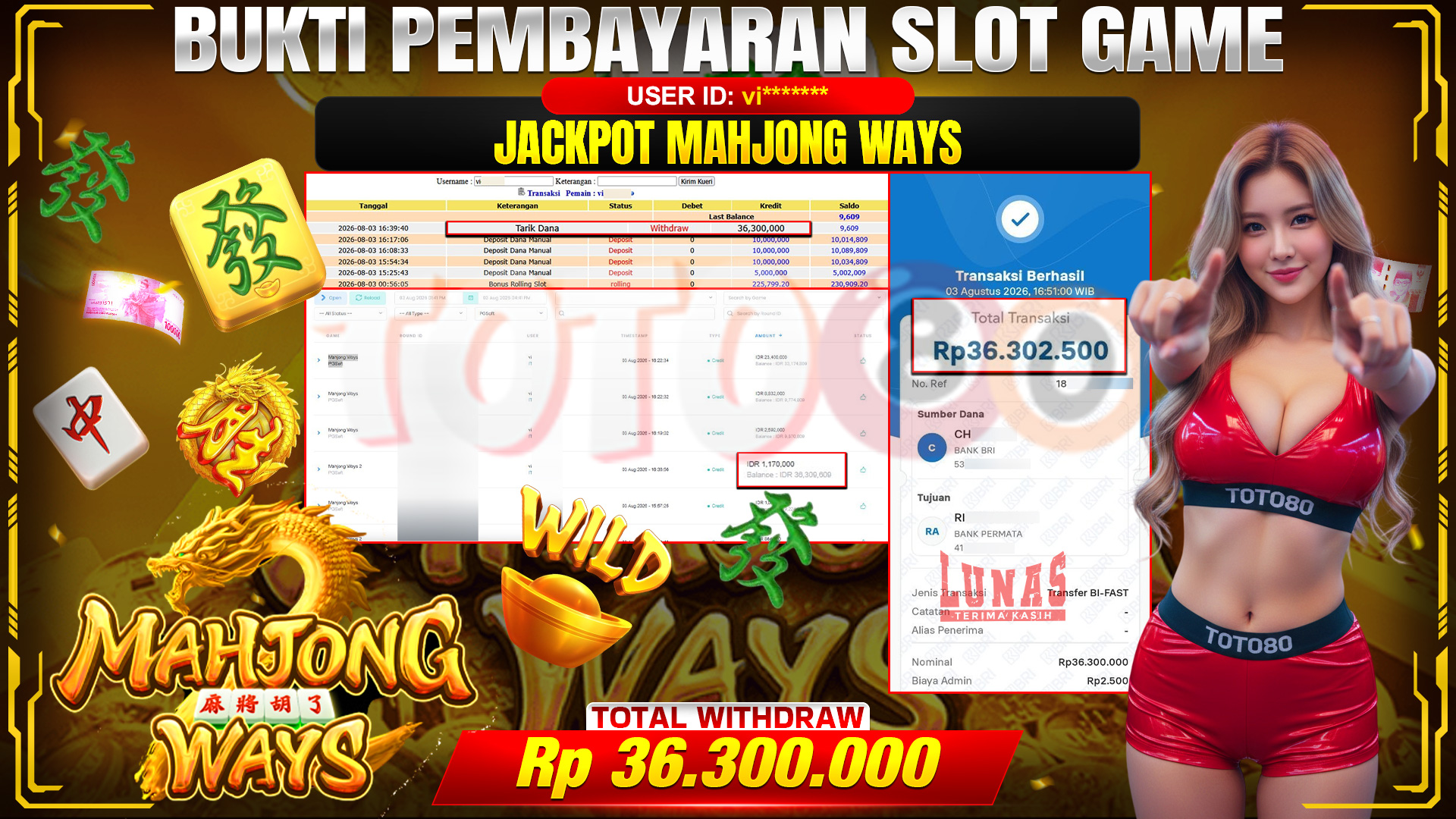 💰🎉 TOTO80 – JACKPOT SLOT MAHJONG  WAYS  RP. 36,300,000,-  TELAH DIBAYARKAN!💰🎉