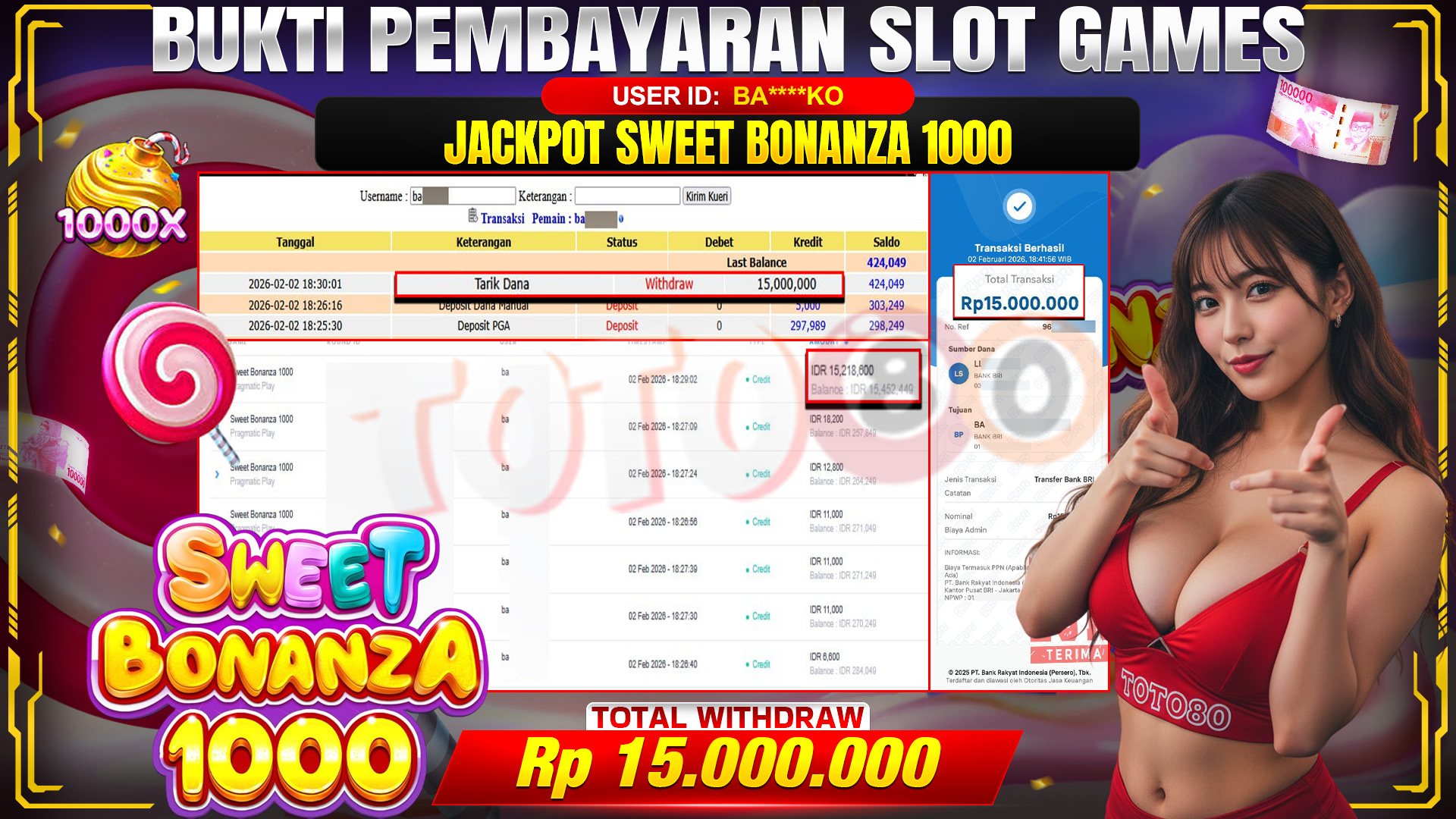 🎉 TOTO80 – JACKPOT SLOT SWEET BONANZA 1000 RP. 15,000,000,- TELAH DIBAYARKAN! 🎉