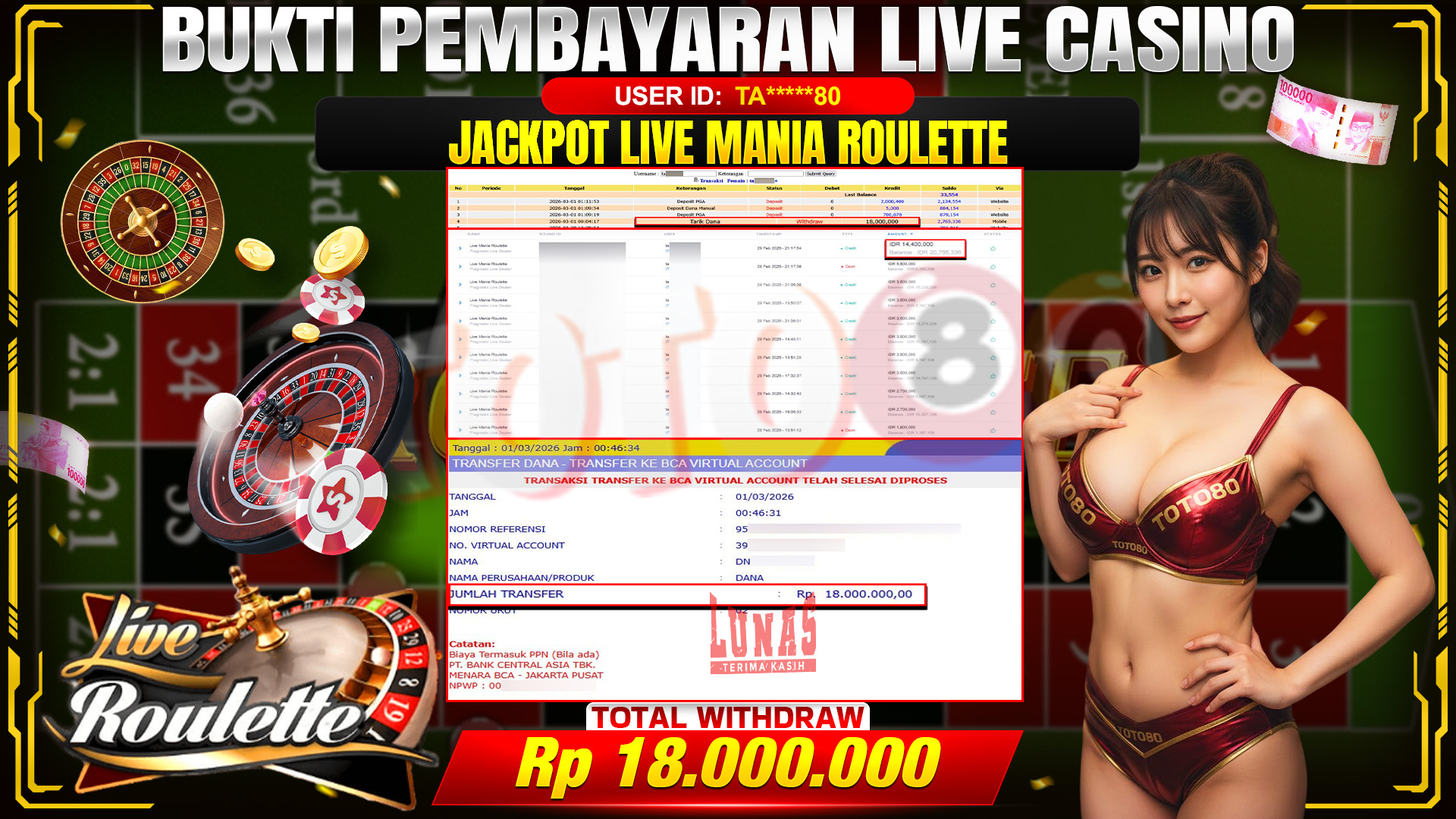 🎉 TOTO80 – JACKPOT LIVE CASINO ROULETTE RP. 18,000,000,- TELAH DIBAYARKAN! 🎉