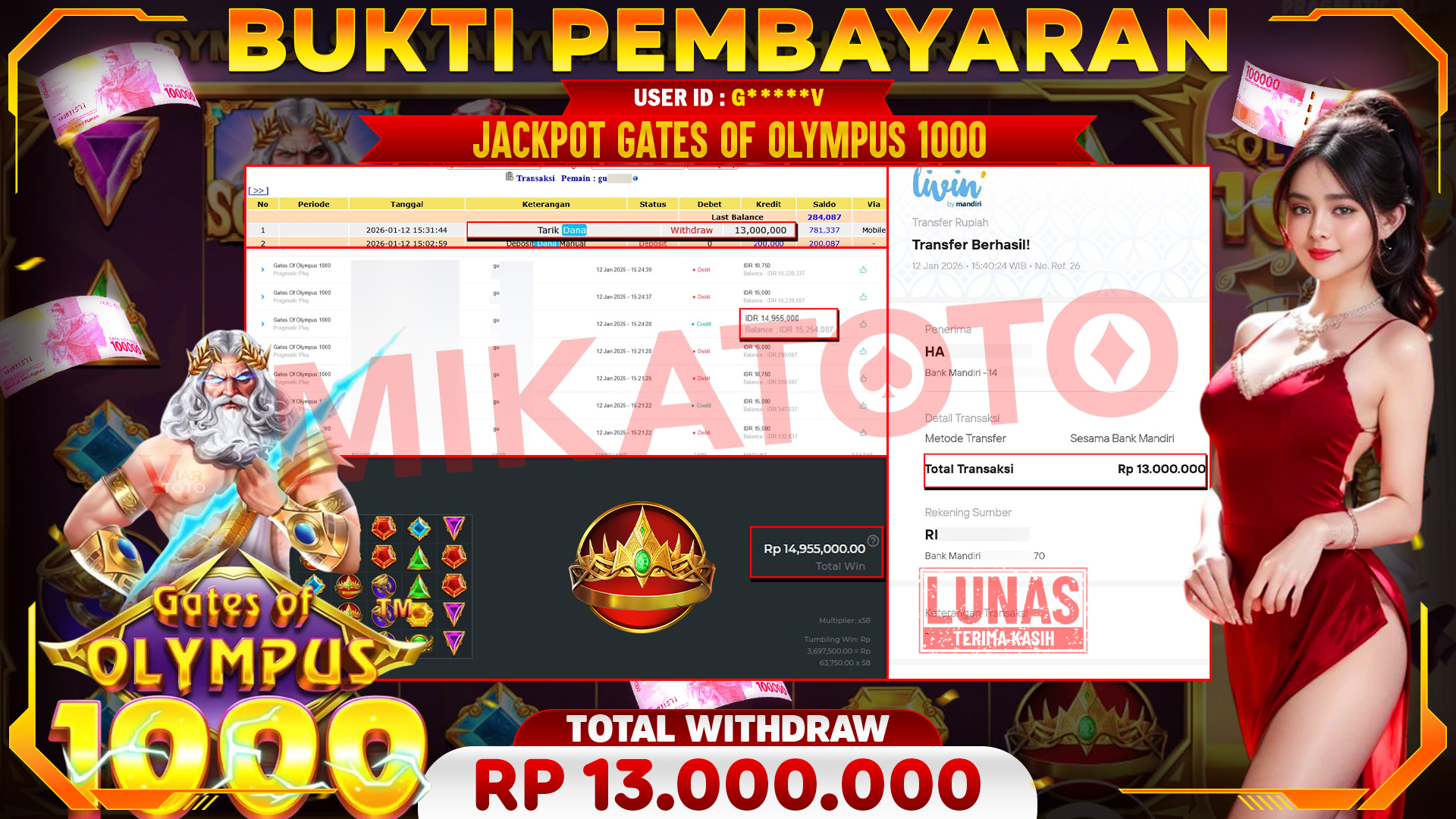 🏆 SELAMAT KEPADA PEMENANG JACKPOT DI Gates Of Olympus 1000 - Pragmatic Play 13,000,000🏆
