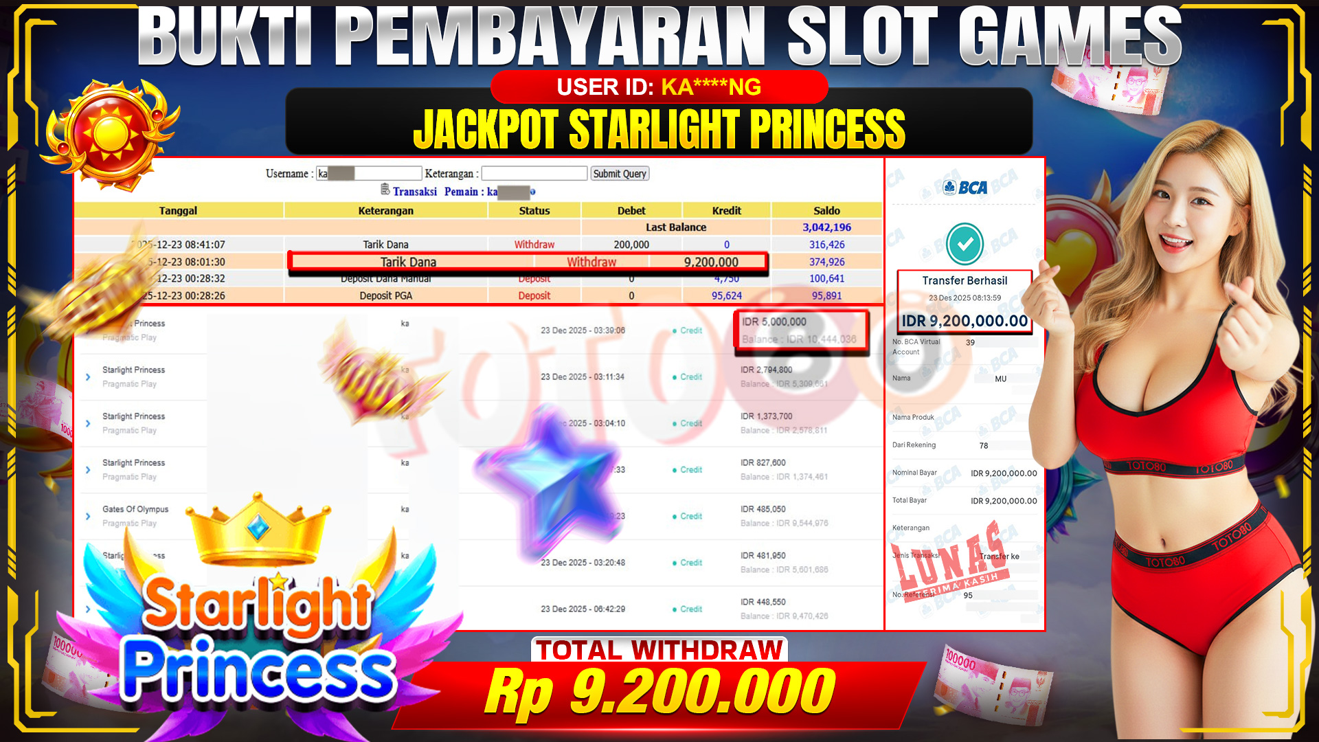 🎉 TOTO80 – JACKPOT STARLIGHT PRINCESS RP. 9,200,000,- TELAH DIBAYARKAN! 🎉