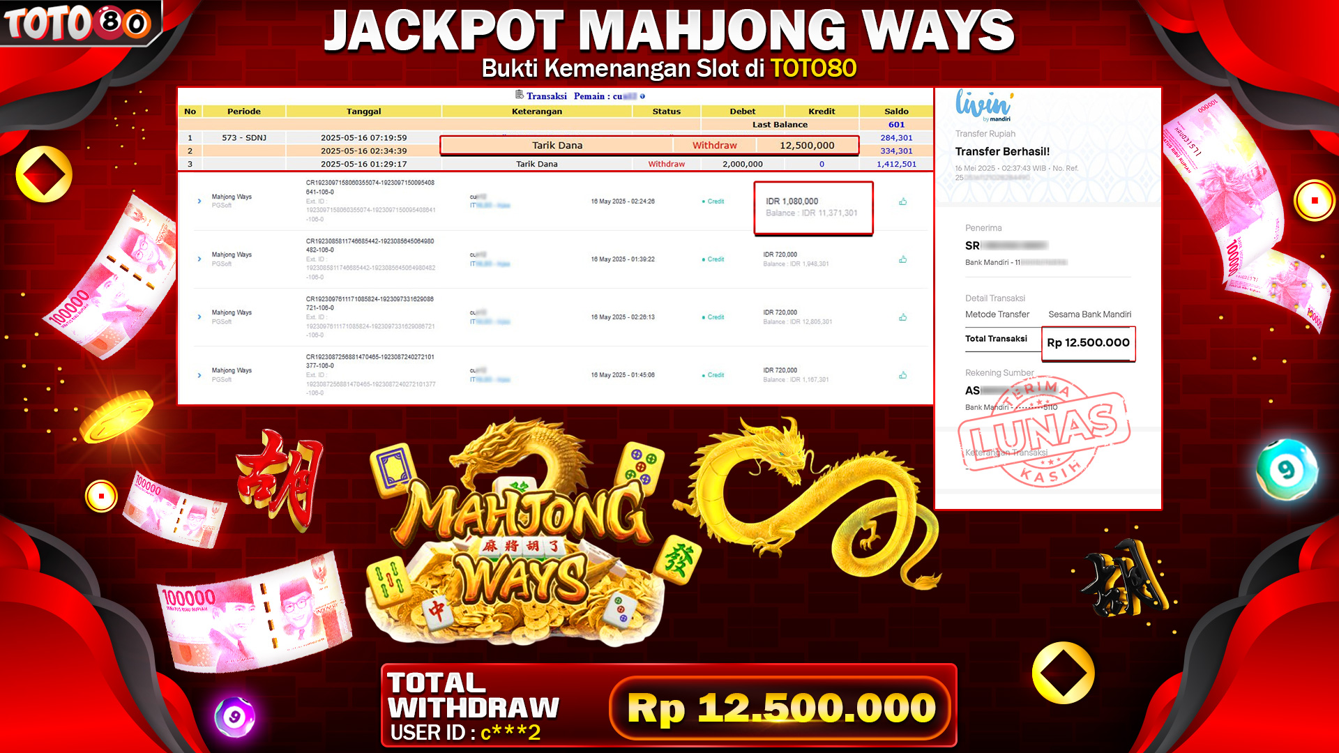 TOTO80 JACKPOT MAHJONG WAYS Rp.12.500.000,- LUNAS