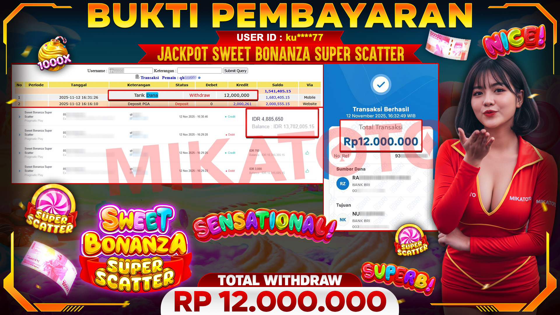 🏆 SELAMAT KEPADA PEMENANG JACKPOT DI Sweet Bonanza Super Scatter  - Pragmatic Play 12,000,000🏆