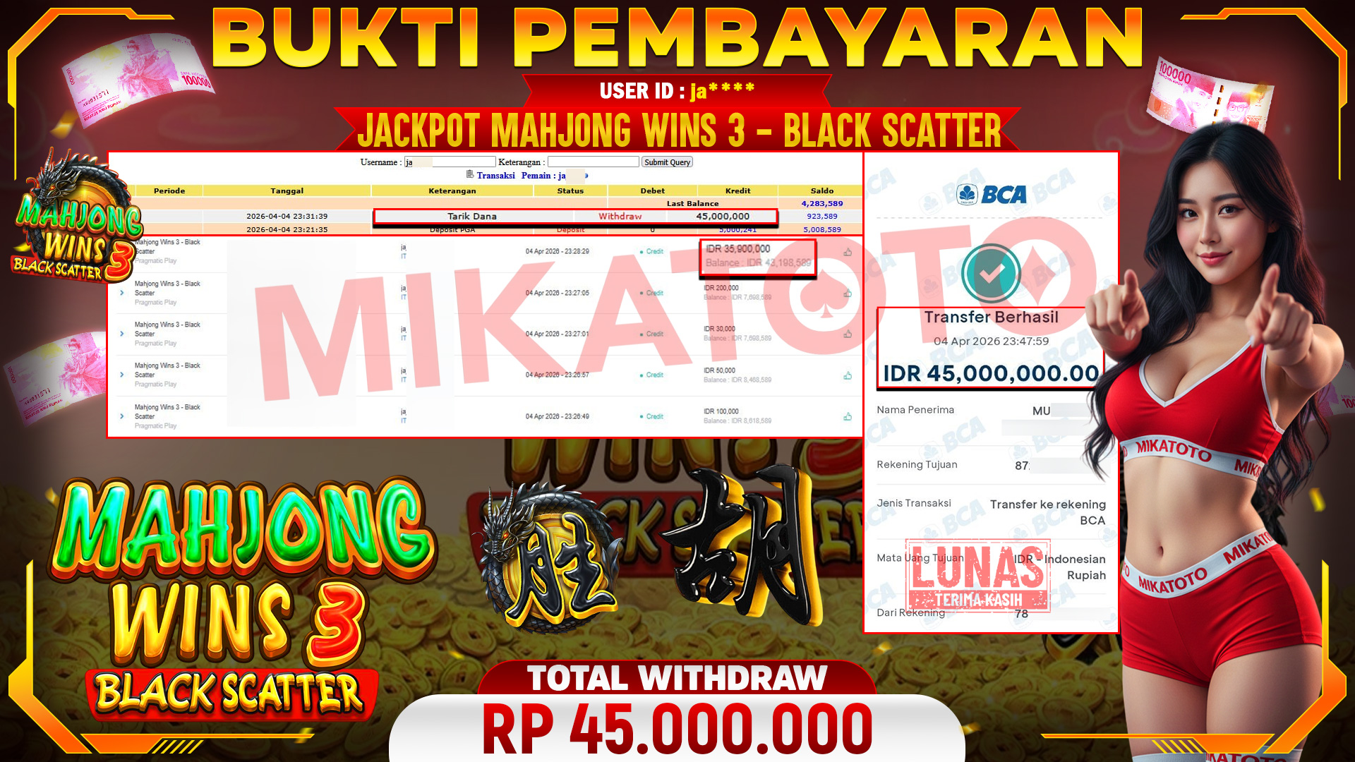 🏆 SELAMAT KEPADA PEMENANG JACKPOT DI Mahjong Wins 3 Black Scatter - Pragmatic Play 45,000,000🏆