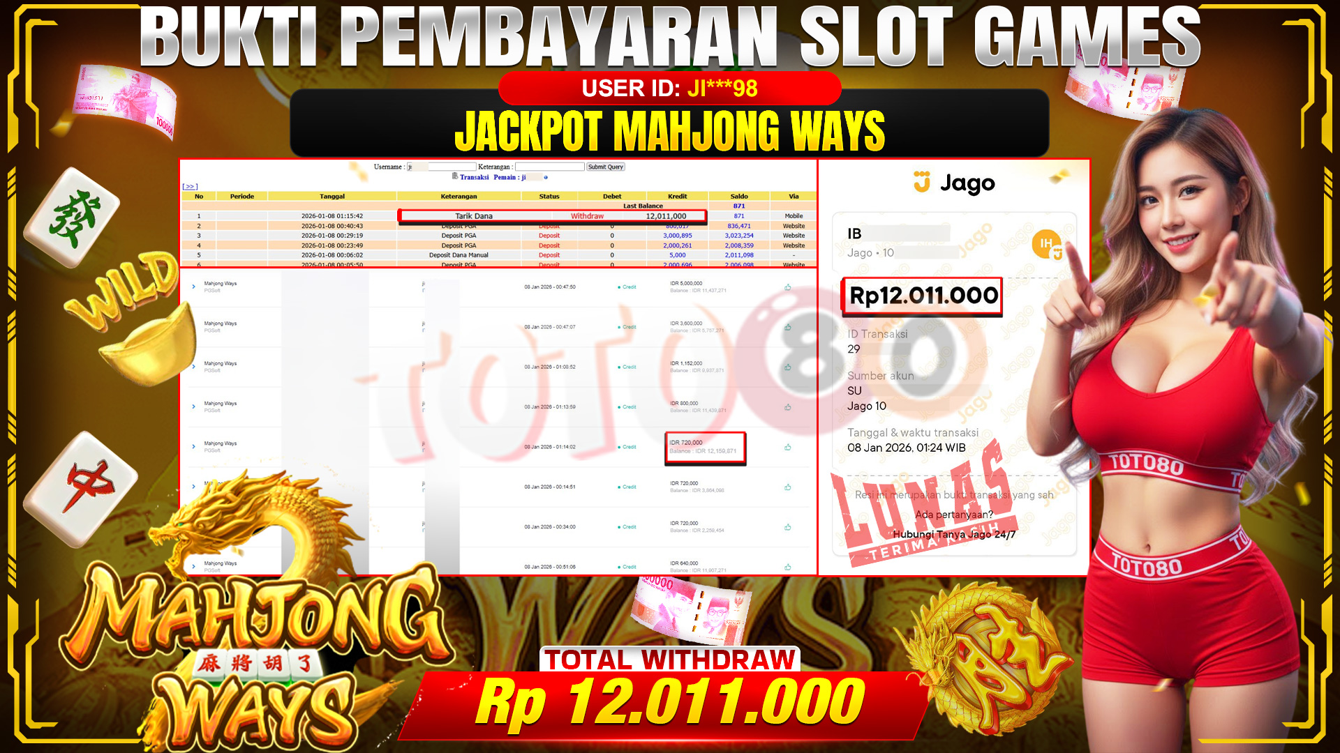 🎉 TOTO80 – JACKPOT SLOT MAHJONG WAYS RP.12,011,000,- TELAH DIBAYARKAN! 🎉