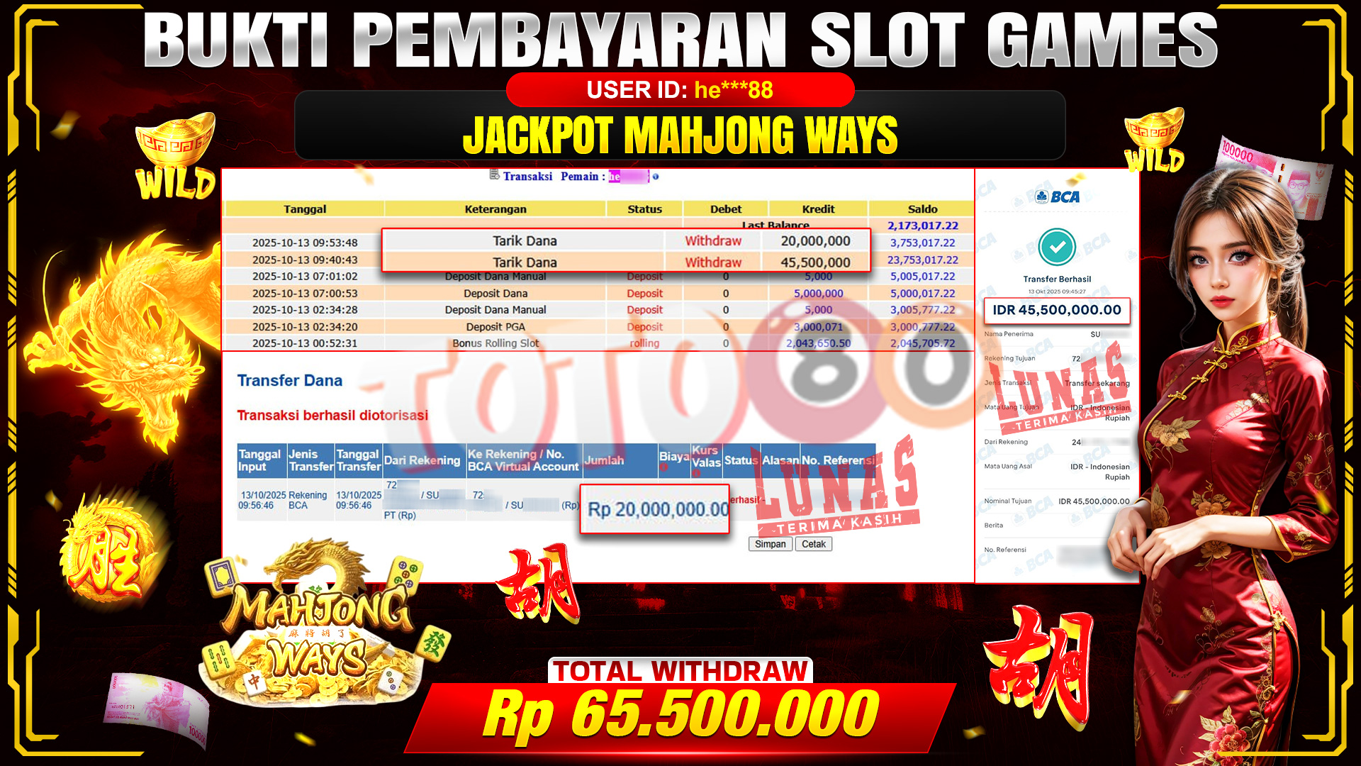 🎉 TOTO80 – JACKPOT SLOT MAHJONG WAYS RP.65.500.000,- TELAH DIBAYARKAN! 🎉