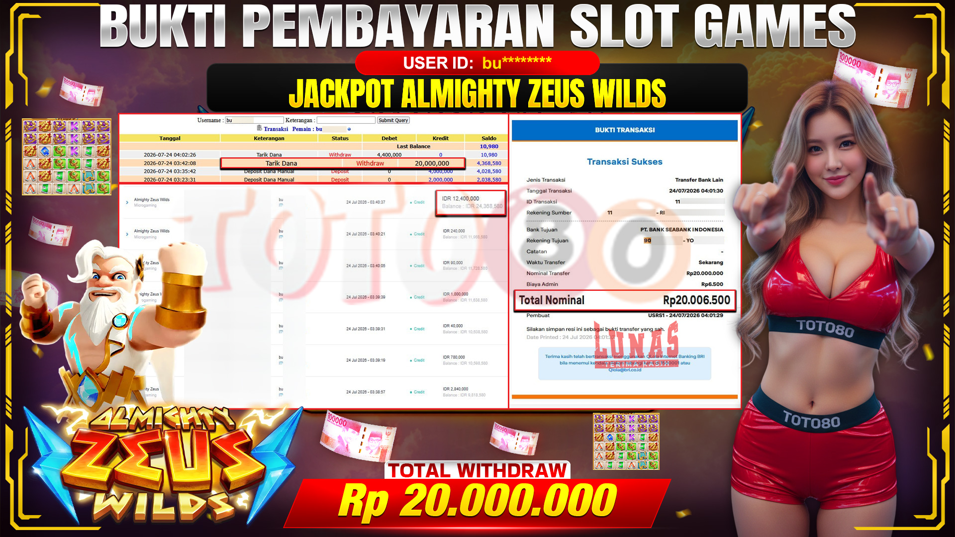 💰🎉 TOTO80 – JACKPOT SLOTAL MIGHTY ZEUS WILDS  RP. 20,000,000,- TELAH DIBAYARKAN!💰🎉