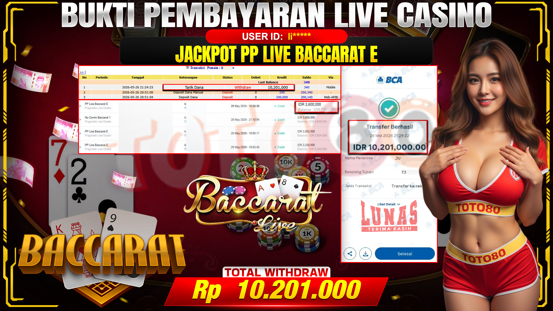 💰🎉 TOTO80 – JACKPOT PP LIVE BACCARAT  E 1 RP. 10,201,000,-  TELAH DIBAYARKAN!💰🎉
