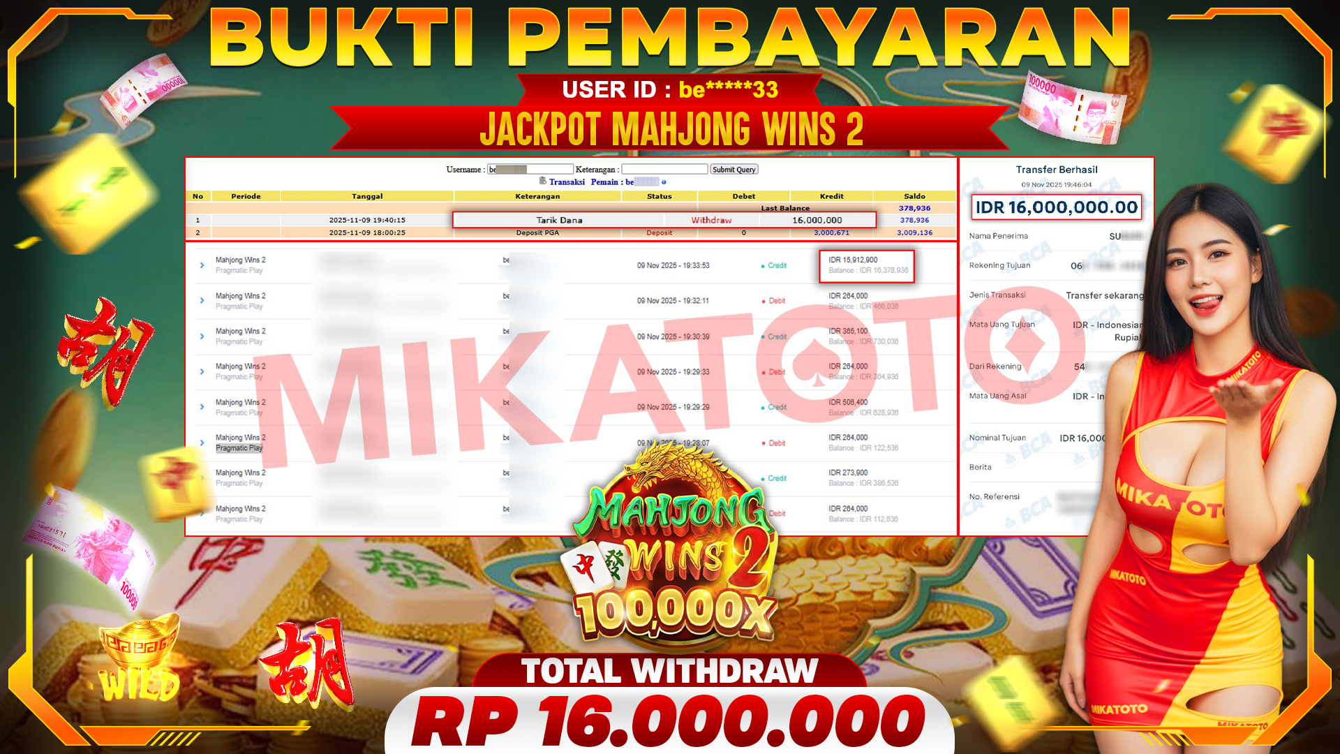🏆 SELAMAT KEPADA PEMENANG JACKPOT DI Mahjong Wins 2 - Pragmatic Play 16,000,000🏆