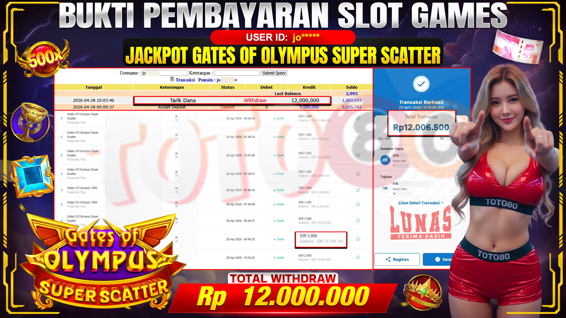 💰🎉TOTO80 – JACKPOT SLOT GATES OF OLYMPUS SUPER SCATTER  RP.12,000,000,- TELAH DIBAYARKAN! 💰🎉
