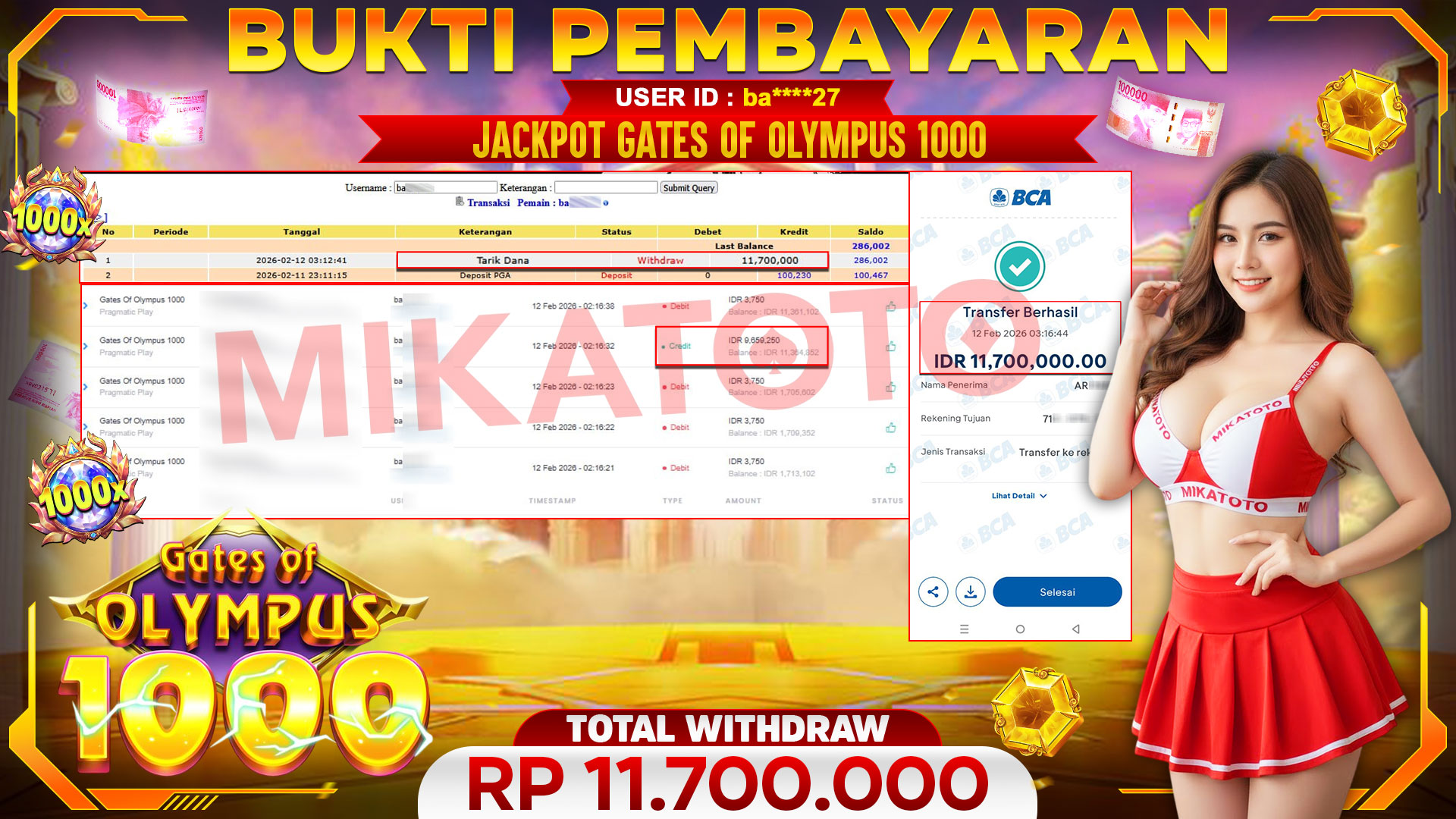 🏆 SELAMAT KEPADA PEMENANG JACKPOT DI Gates Of Olympus 1000 - Pragmatic Play 11,700,000🏆