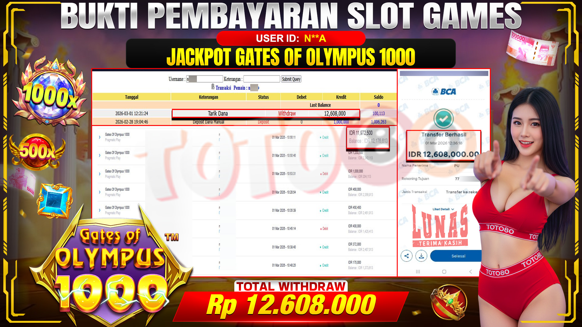 🎉 TOTO80 – JACKPOT SLOT GATES OF OLIMPUS 1000 RP. 12,608,000,- TELAH DIBAYARKAN! 🎉