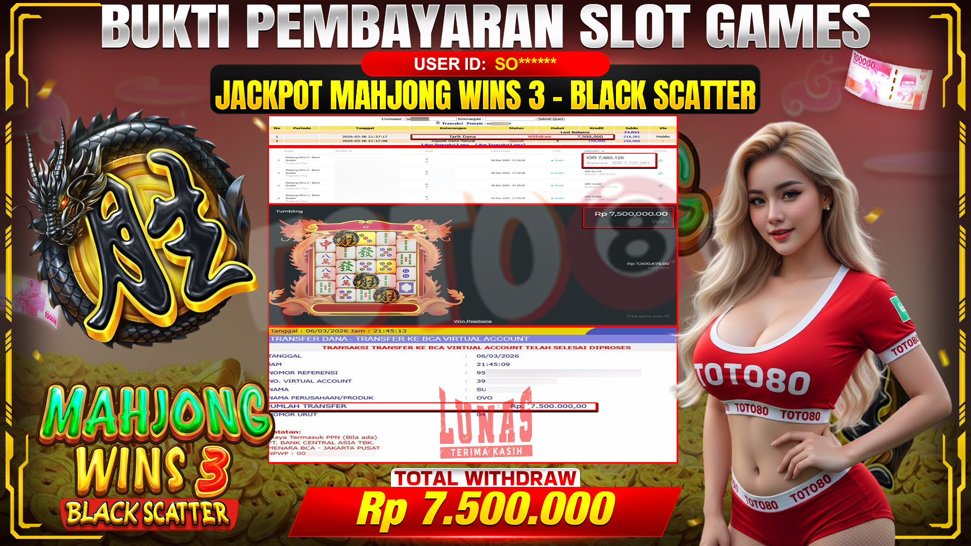 🎉 TOTO80 – JACKPOT SLOT MAHJONG 3 WINS - BLACK SACTTER RP. 7,500,000,- TELAH DIBAYARKAN! 🎉