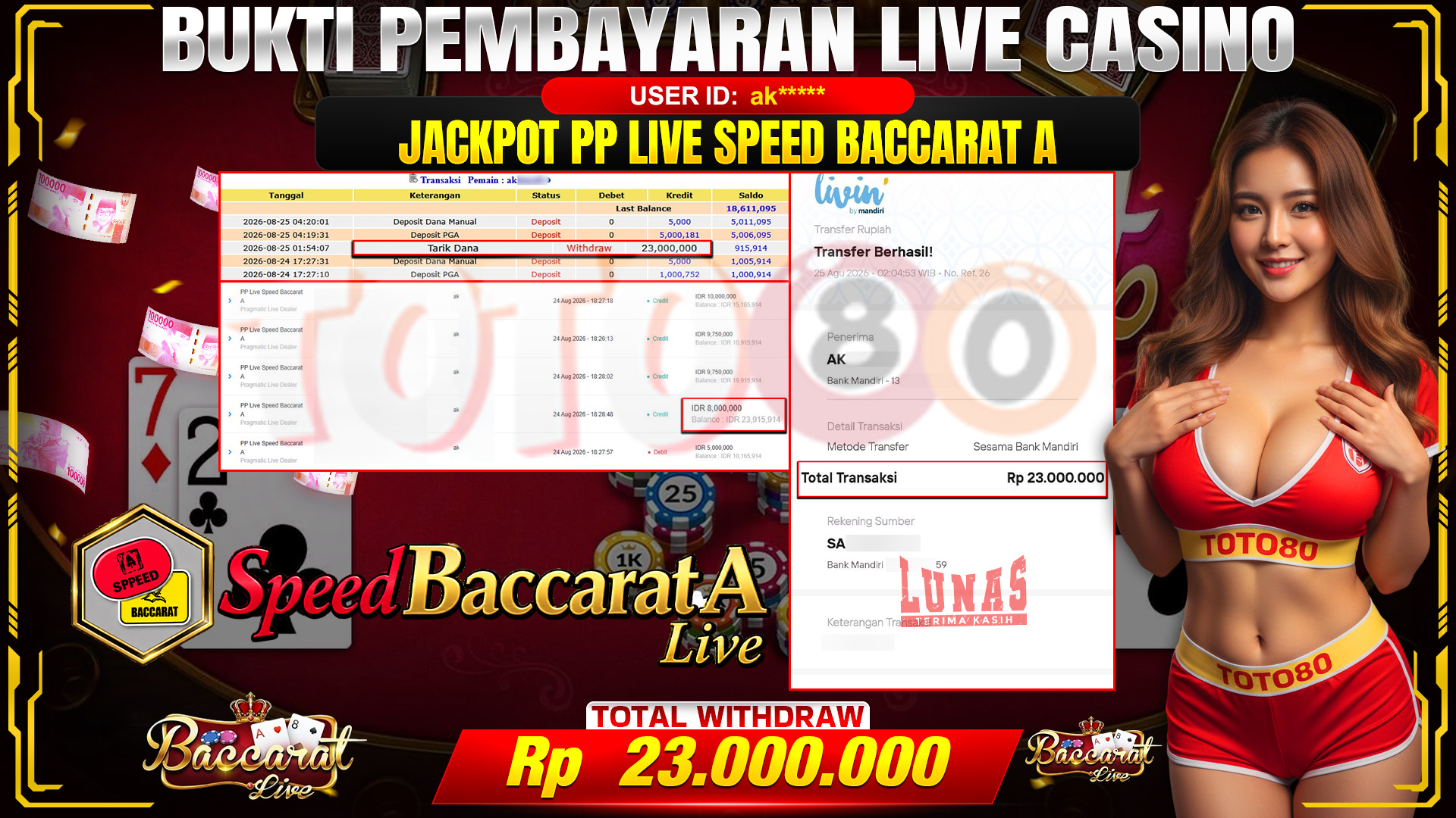 💰🎉 TOTO80 – JACKPOT PP LIVE  SPEED  BACCARAT A RP. 23,000,000,- TELAH DIBAYARKAN!💰🎉