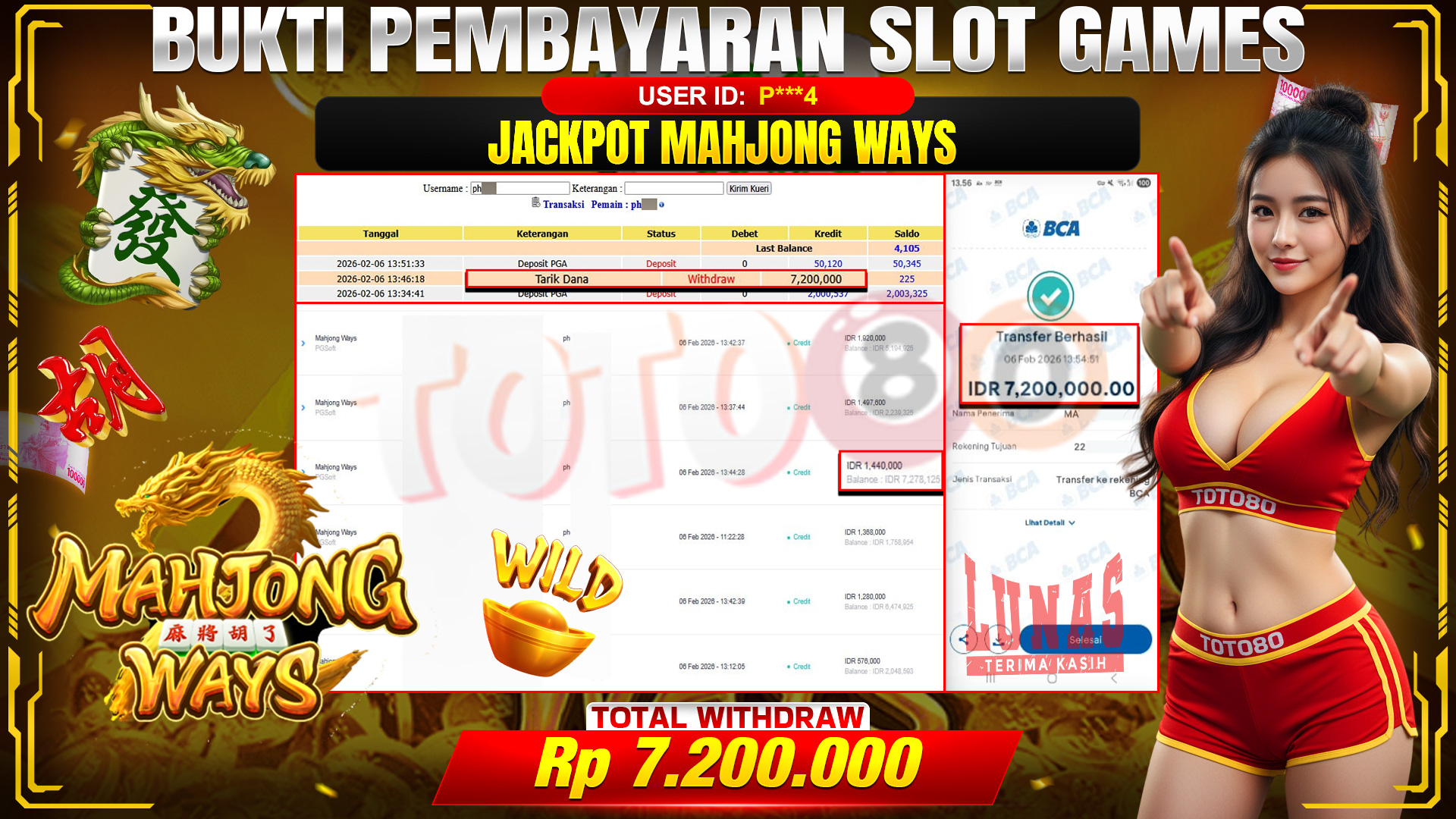 🎉 TOTO80 – JACKPOT SLOT MAHJONG WAYS RP. 7,200,000,- TELAH DIBAYARKAN! 🎉