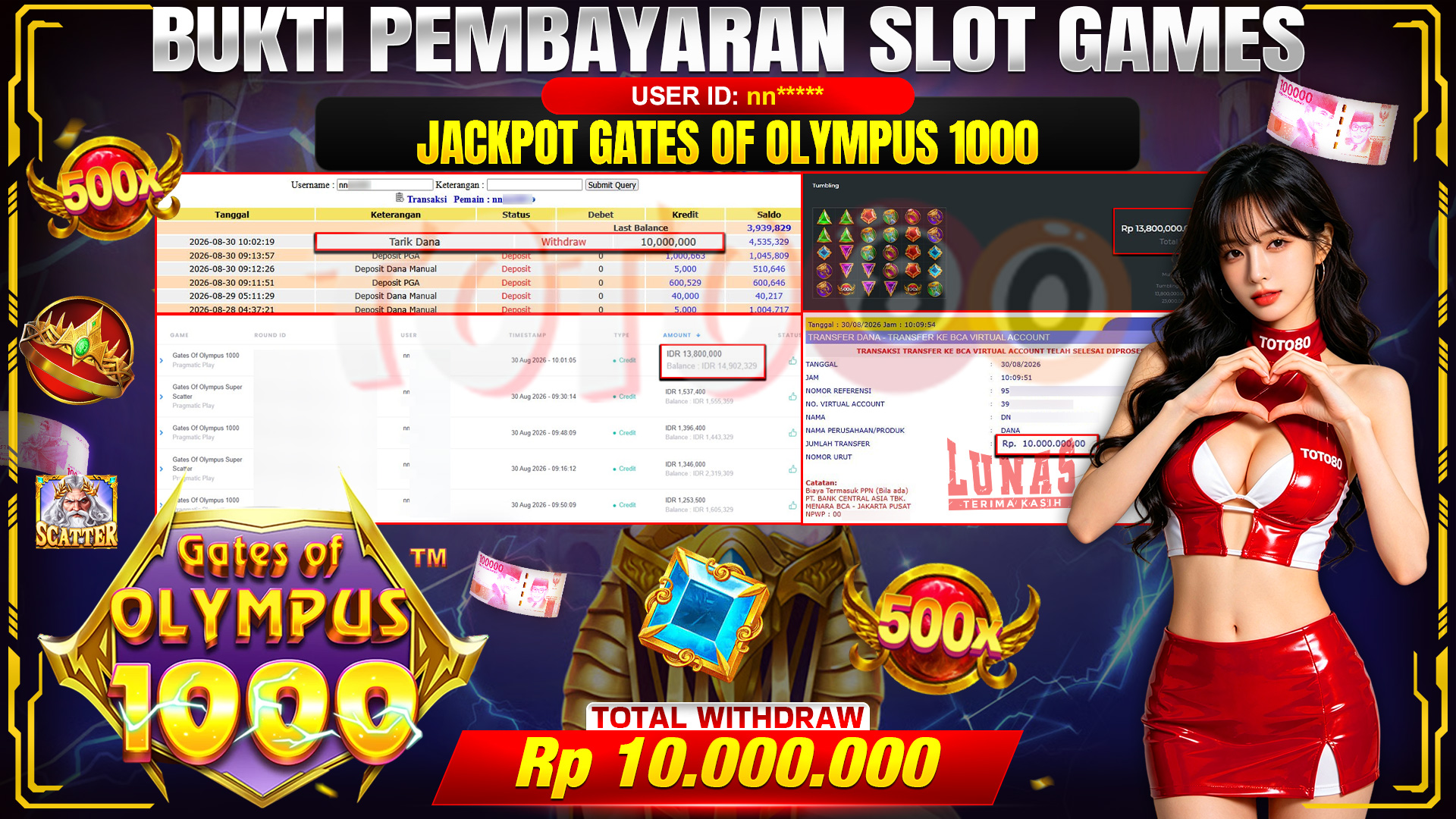 💰🎉 TOTO80 – JACKPOT SLOT GATES OF OLYMPUS 1000 RP. 10,000,000,-  TELAH DIBAYARKAN!💰🎉
