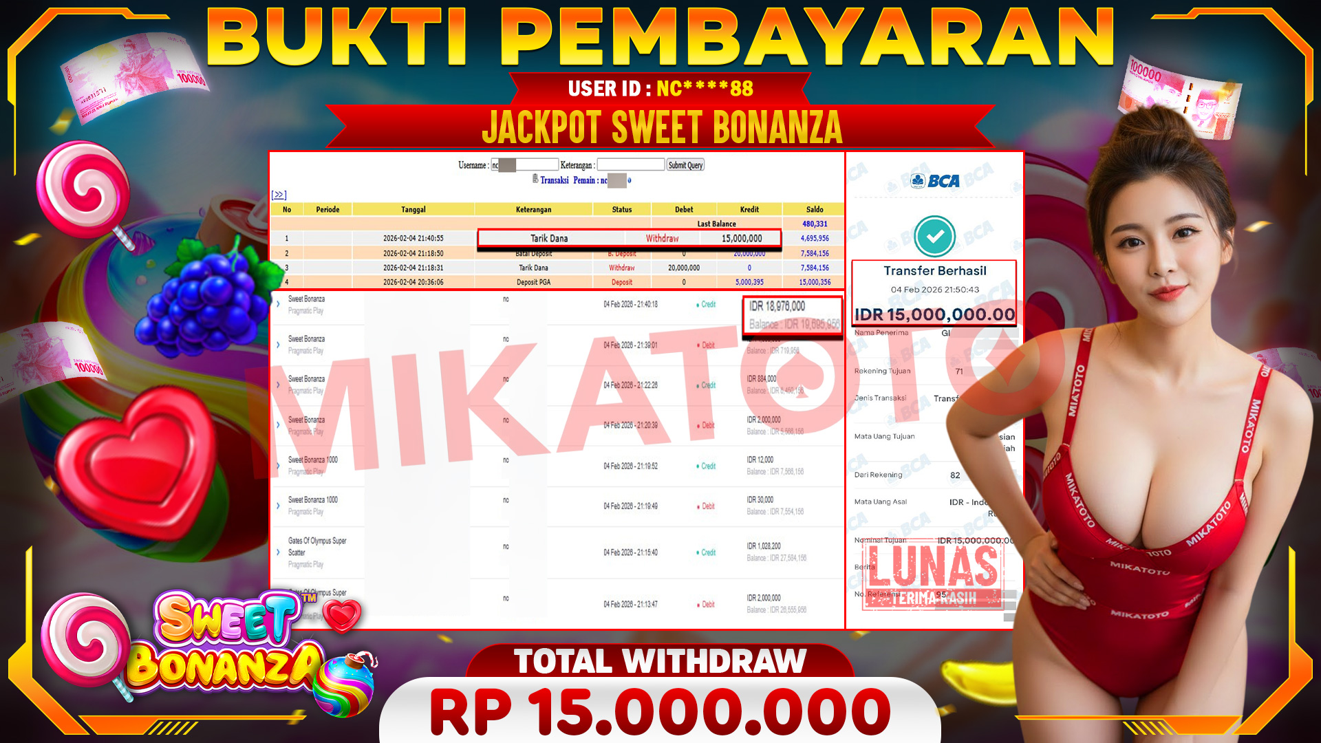 🏆 SELAMAT KEPADA PEMENANG JACKPOT DI Sweet Bonanza - Pragmatic Play 15,000,000🏆