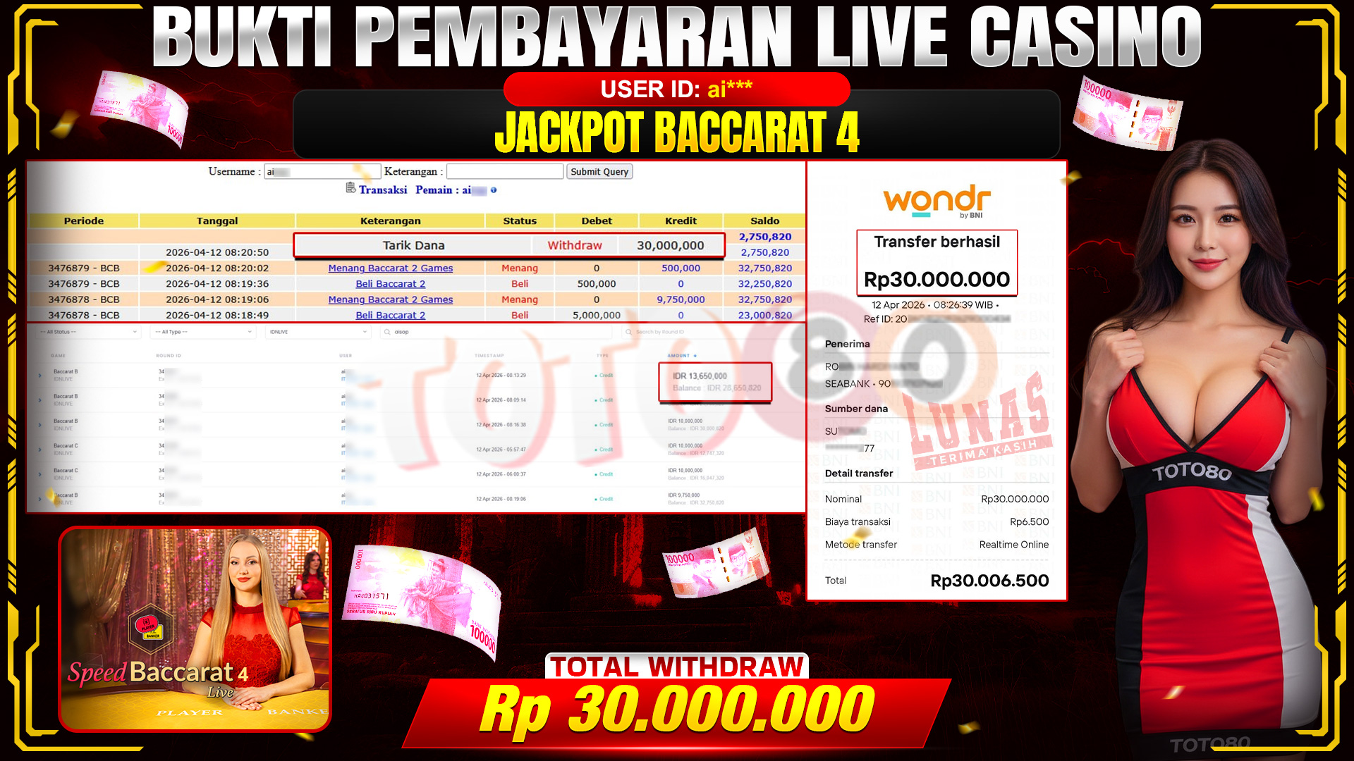 💰🎉 TOTO80 – JACKPOT BACCARAT 4 RP. 30,000,000,- TELAH DIBAYARKAN!💰🎉