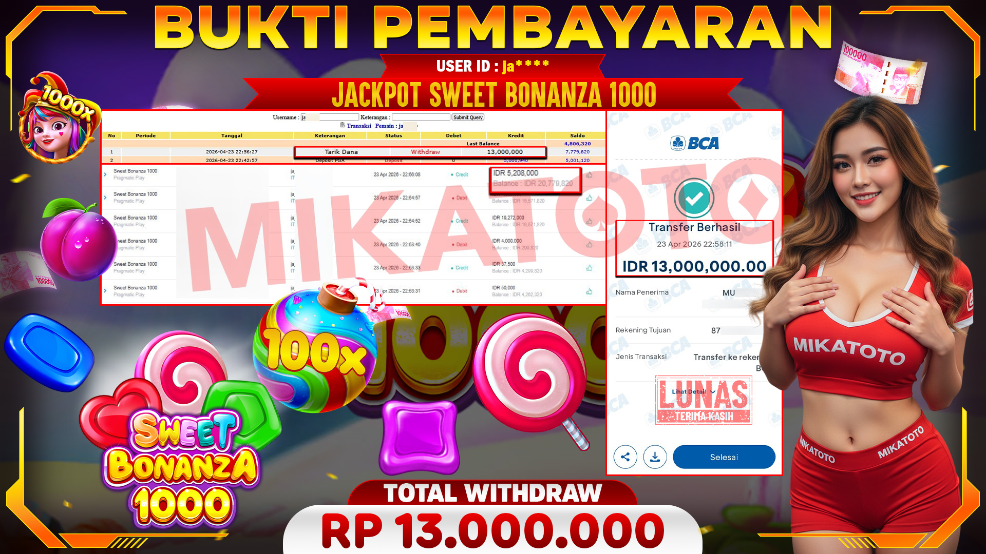 🏆 SELAMAT KEPADA PEMENANG JACKPOT DI Sweet Bonanza 1000 - Pragmatic Play 13,000,000🏆