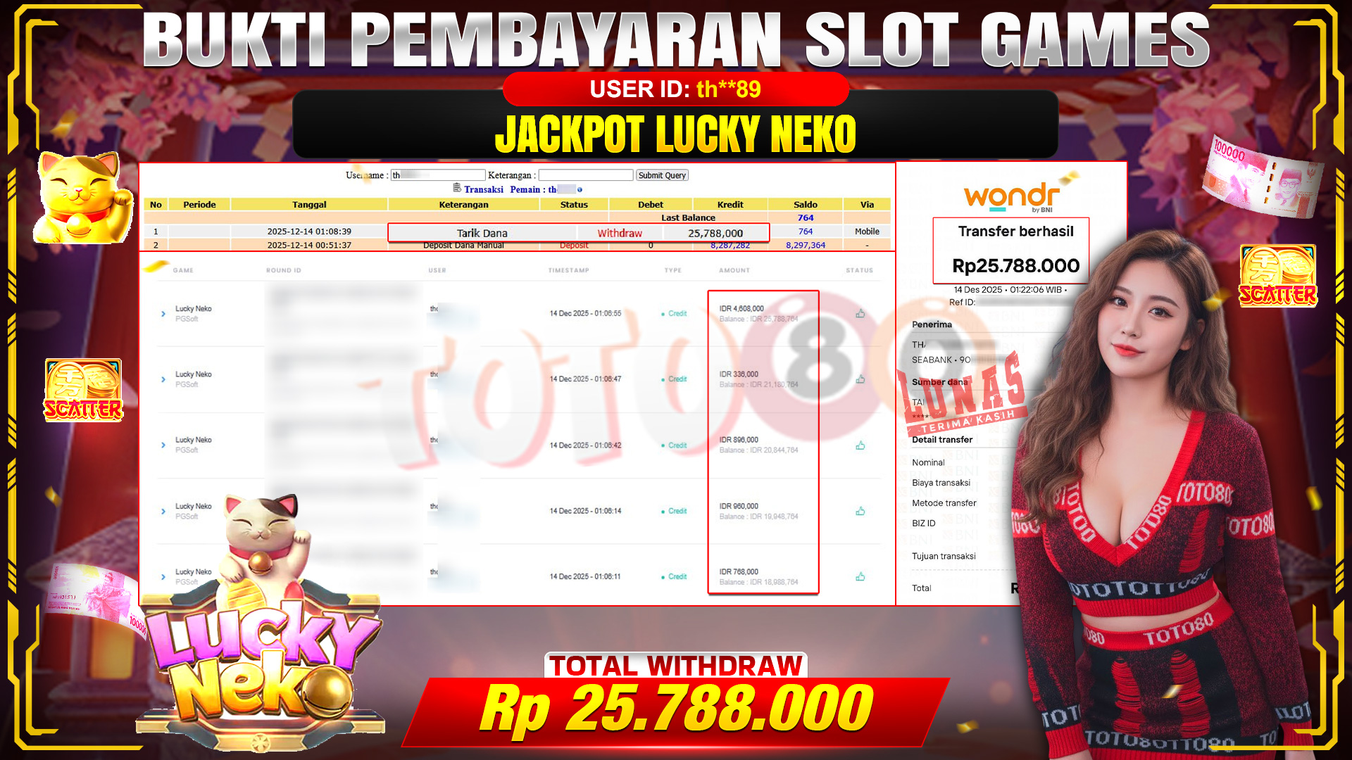 🎉 TOTO80 – JACKPOT SLOT LUCKY NEKO RP. 25,788,000,- TELAH DIBAYARKAN! 🎉