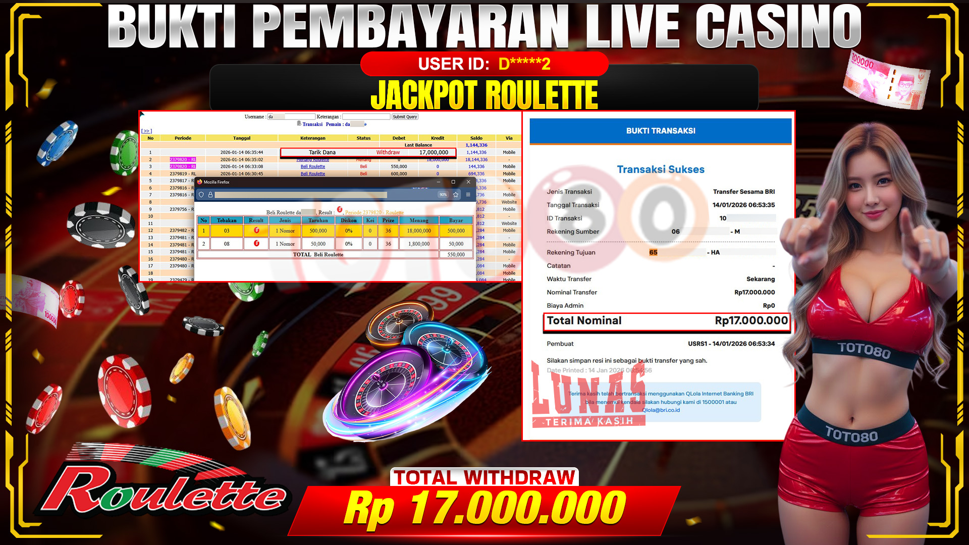 🎉 TOTO80 – JACKPOT LIVE CASINO ROULETTE RP. 17,000,000,- TELAH DIBAYARKAN! 🎉