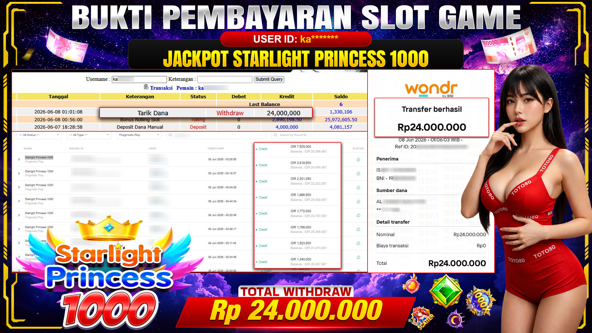 💰🎉 TOTO80 – JACKPOT SLOT STARLIGHT PRINCESS 1000 RP. 24,000,000,- TELAH DIBAYARKAN!💰🎉