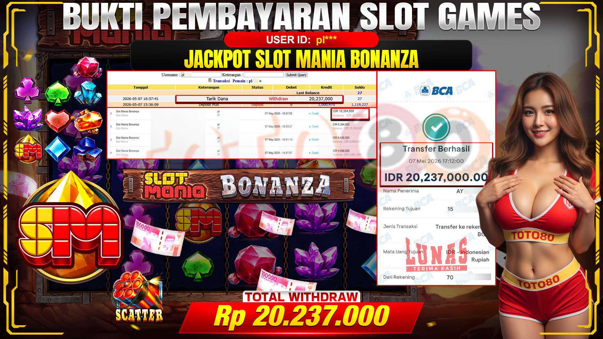 💰🎉  TOTO80 – JACKPOT SLOT MANIA BONANZA  RP. 20,237,000,- TELAH DIBAYARKAN! 💰🎉 