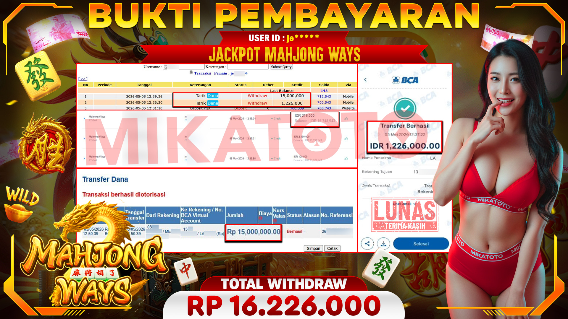 🏆 SELAMAT KEPADA PEMENANG JACKPOT DI   Game : Mahjong - PGSoft 16,226.000🏆