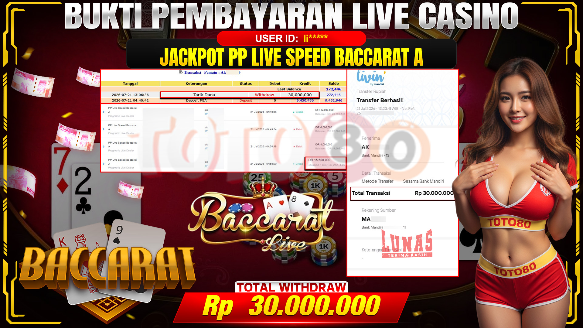 💰🎉 TOTO80 – JACKPOT PP LIVE SPEED BACCARAT A RP. 30,000,000,- TELAH DIBAYARKAN!💰🎉