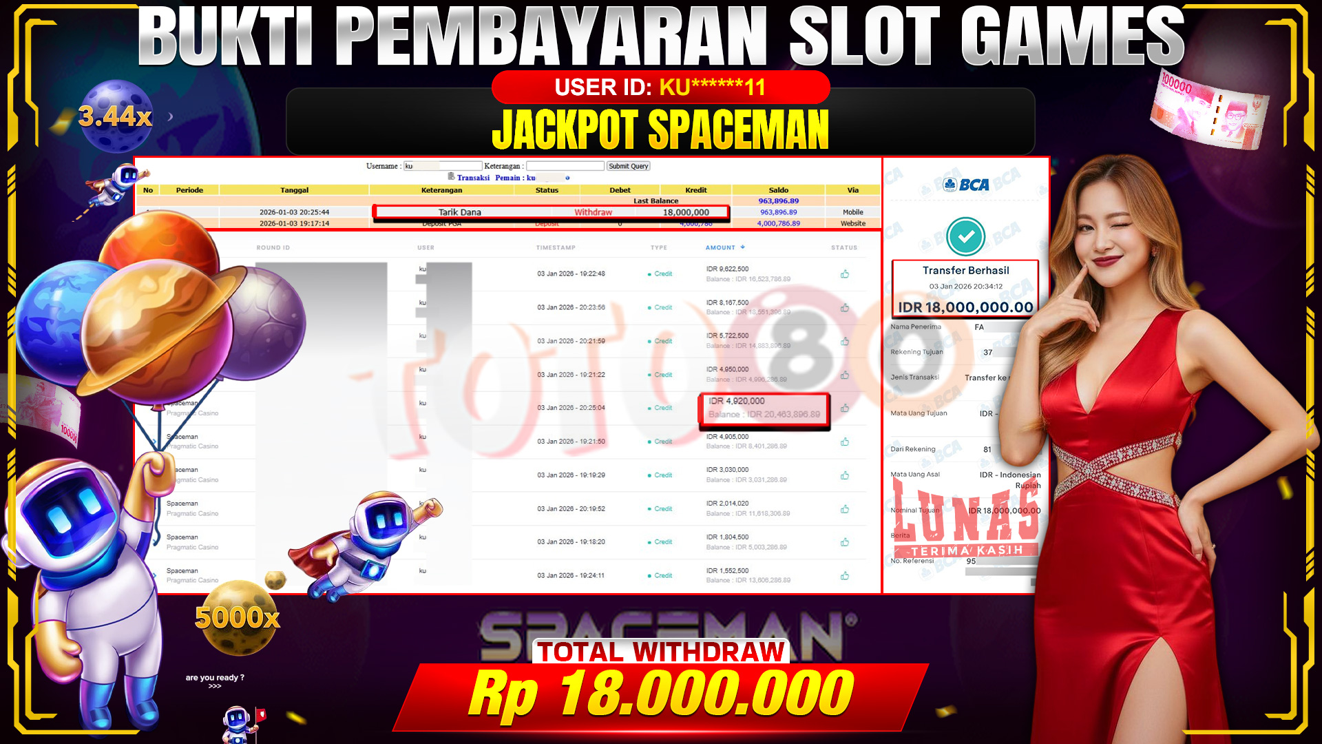 🎉 TOTO80 – JACKPOT SLOT SPACEMAN RP. 18,000,000,- TELAH DIBAYARKAN! 🎉